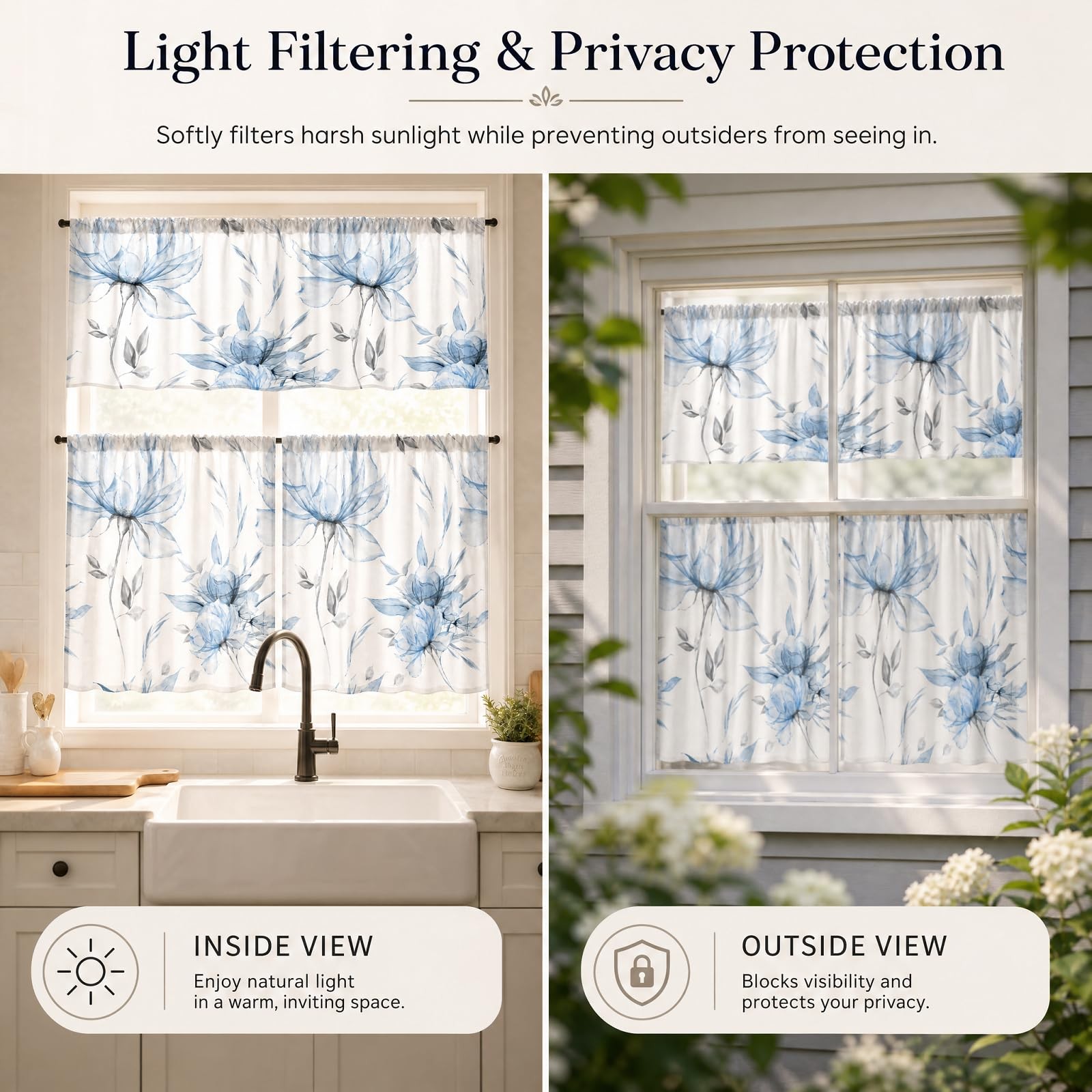 3 Panels Floral Kitchen Curtains and Valance Set, Blue Gray Cafe Window Tiers…