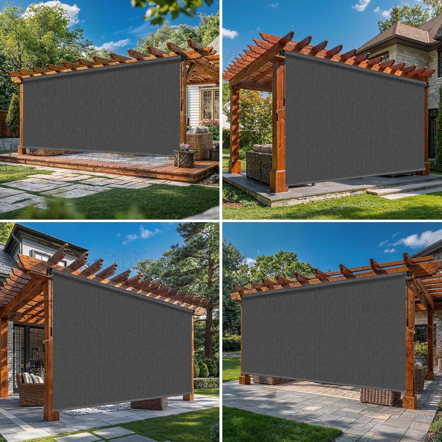 10’W x 8’H Gray Outdoor Roller Shade with Crank Wand Patio Shades Roll up,