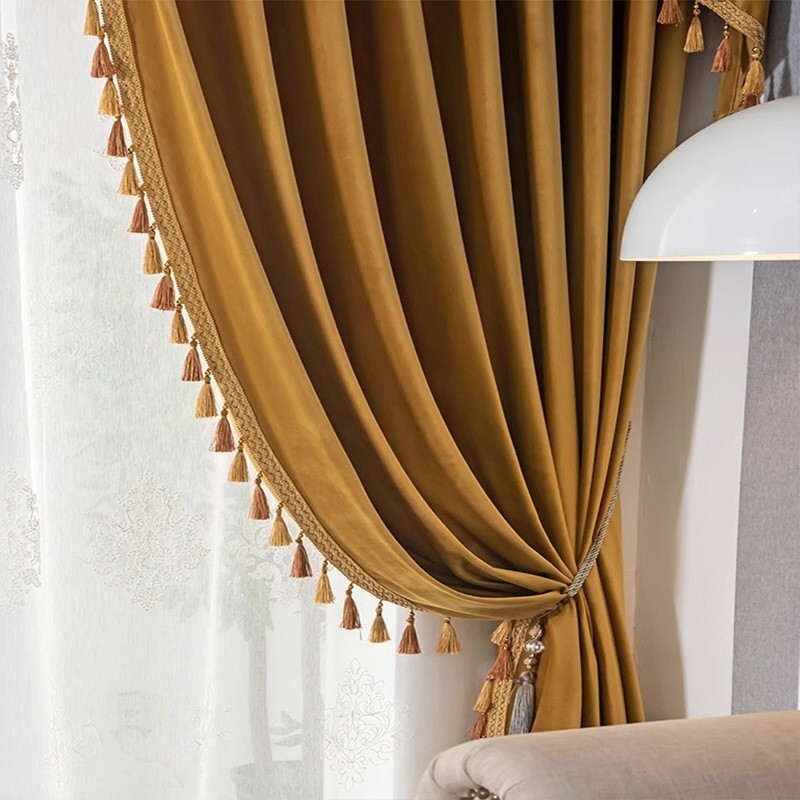 Custom Living Room Golden Modern velvet cloth curtain tulle valance drape C2165