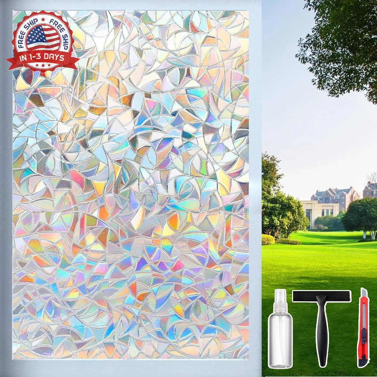Dwersty Rainbow Window Privacy Film with Cutting Reference Line, 3D Decals Stain