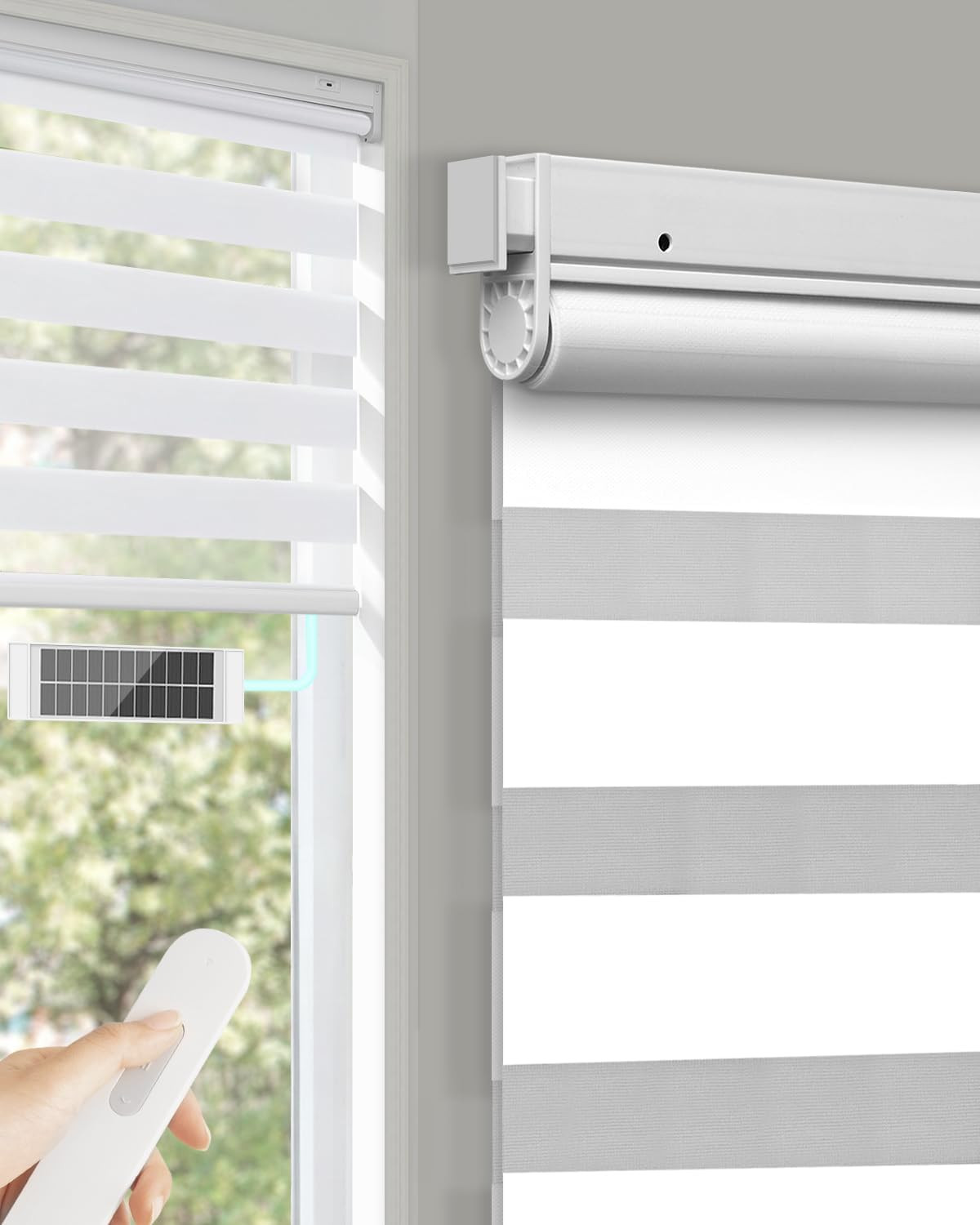 No Drill Motorized Zebra Blinds with Remote,Cordless Shades Dual Layer,Thermal I