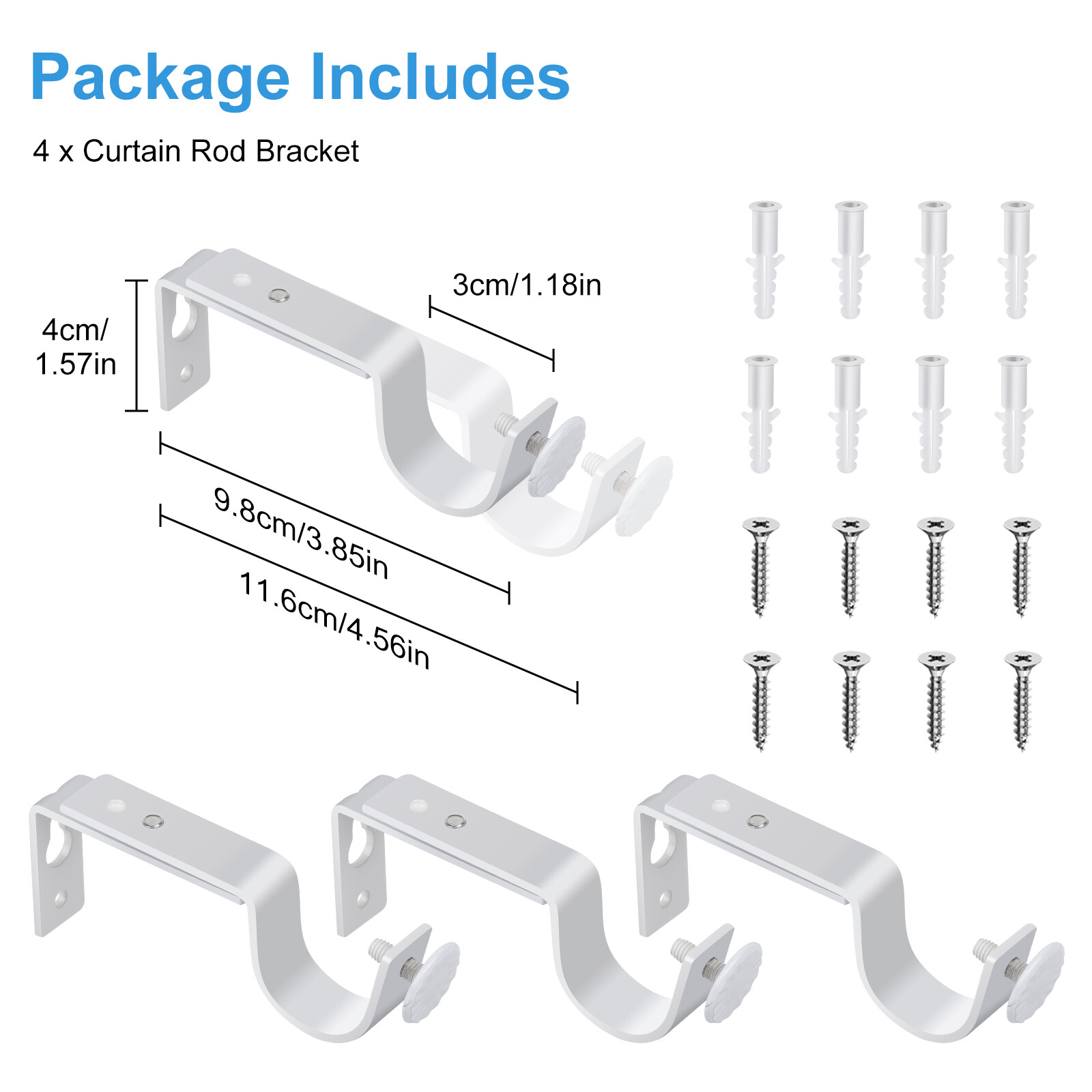 4x Adjustable Wall Mount Curtain Rod Brackets for 1-1.2in Rods No Drill w/ Screw