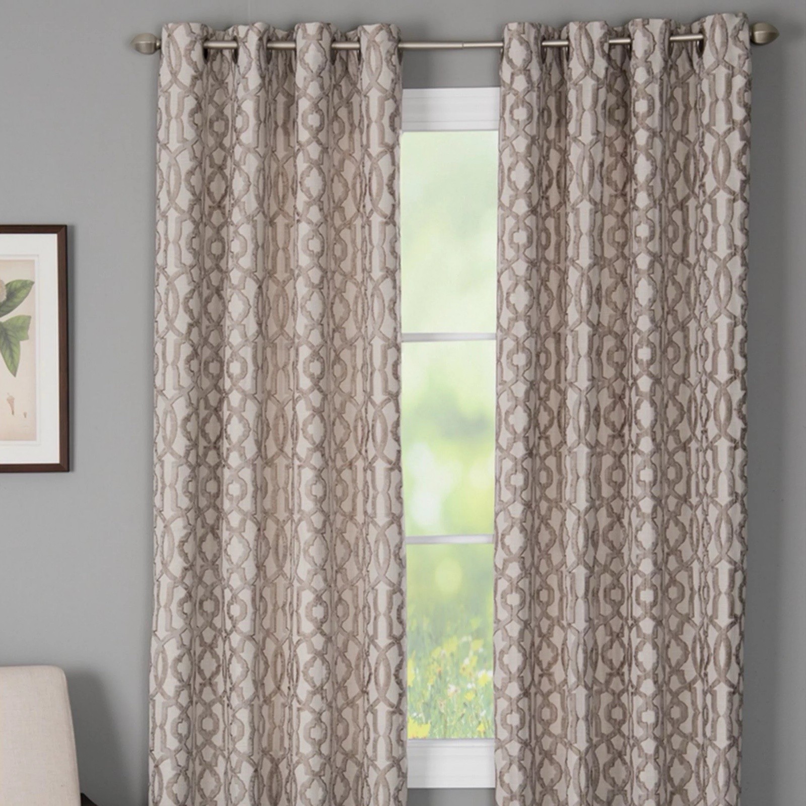 Holland 84″ Tape geometric grommet curtain panel 84in beige taupe modern