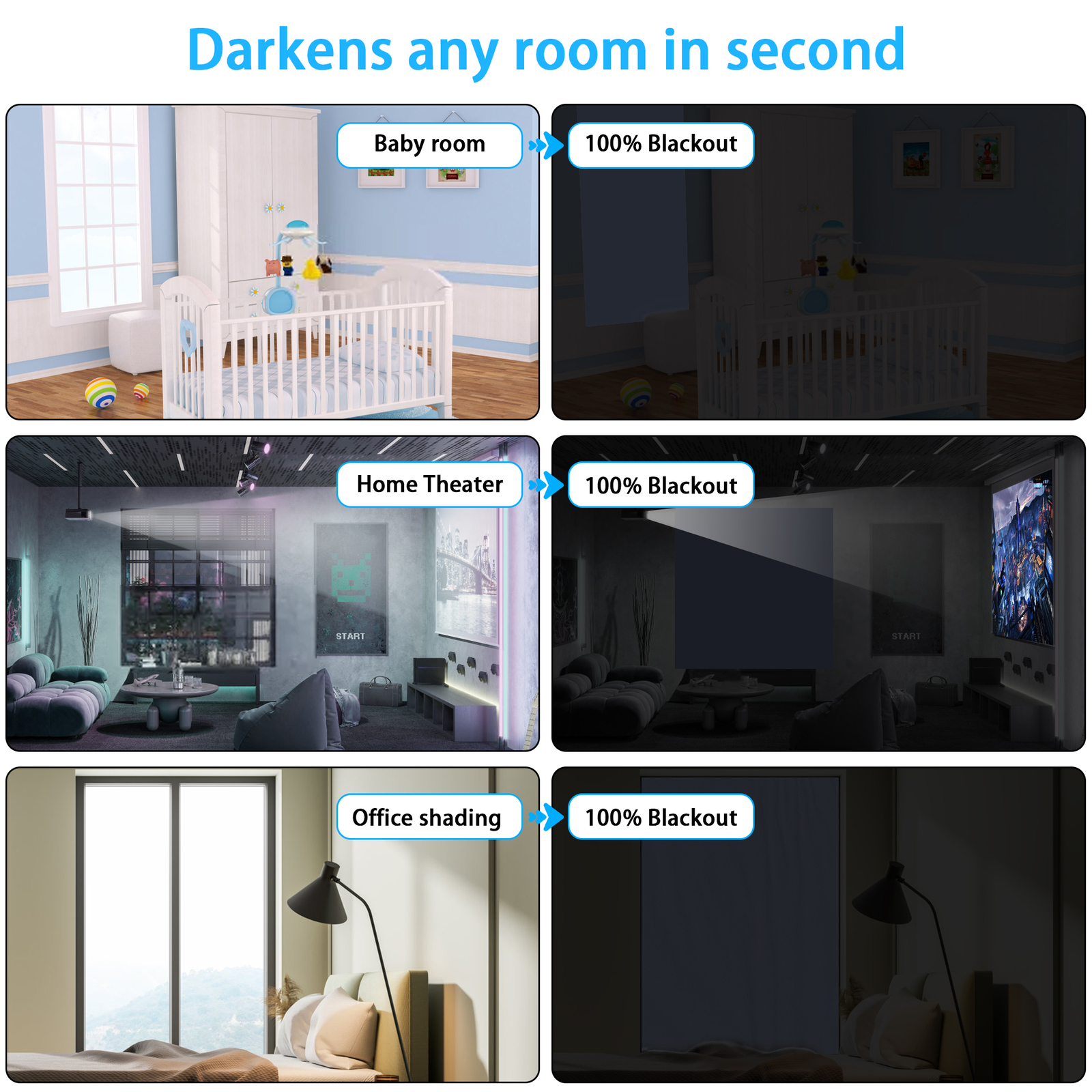 100% Blackout Roller Shades, No Drill No Tools Cordless Blackout Roller Blinds