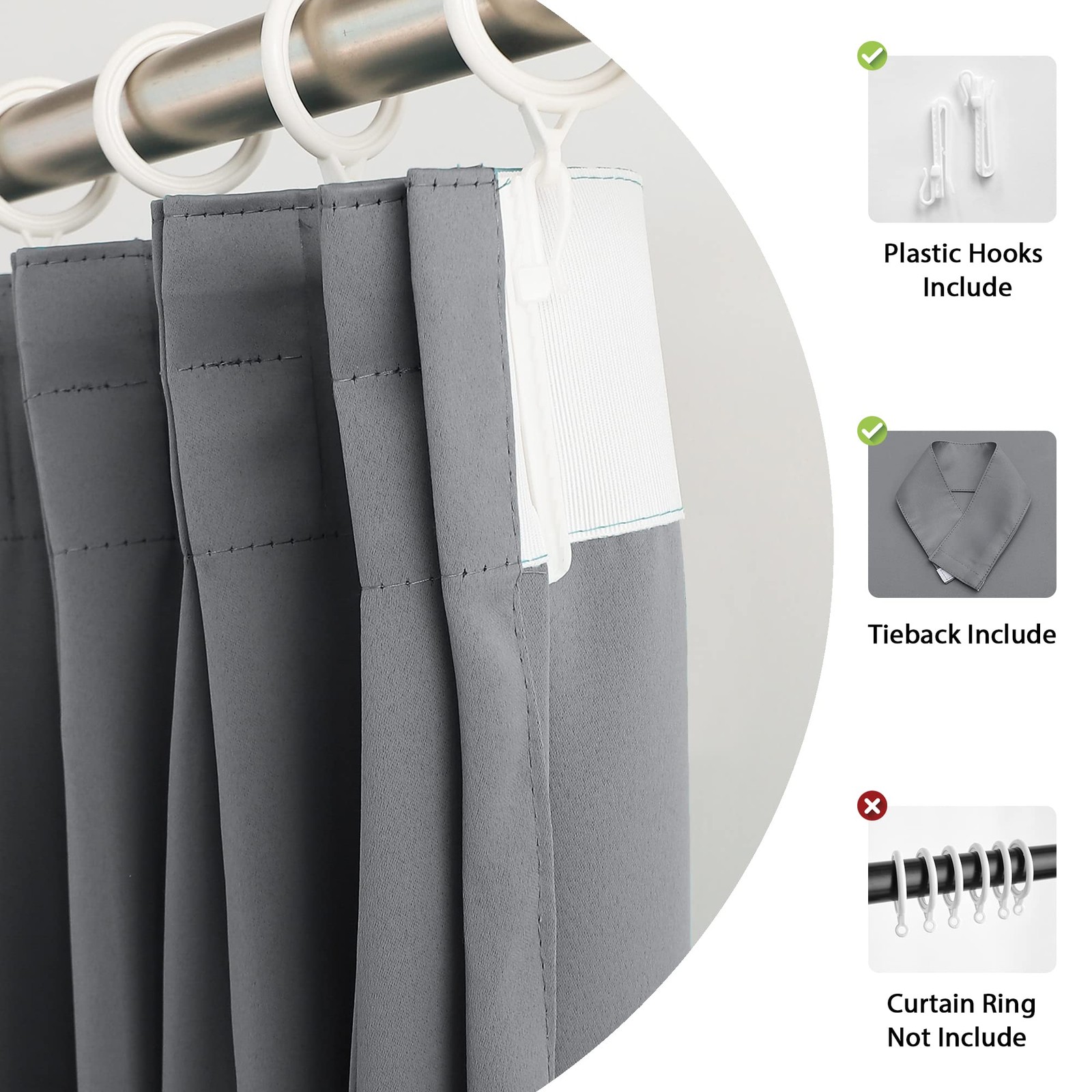 Grey Pinch Plea Curtaint 72″ W x 96″ L Solid Thermal Insulated 95% Blackout P…
