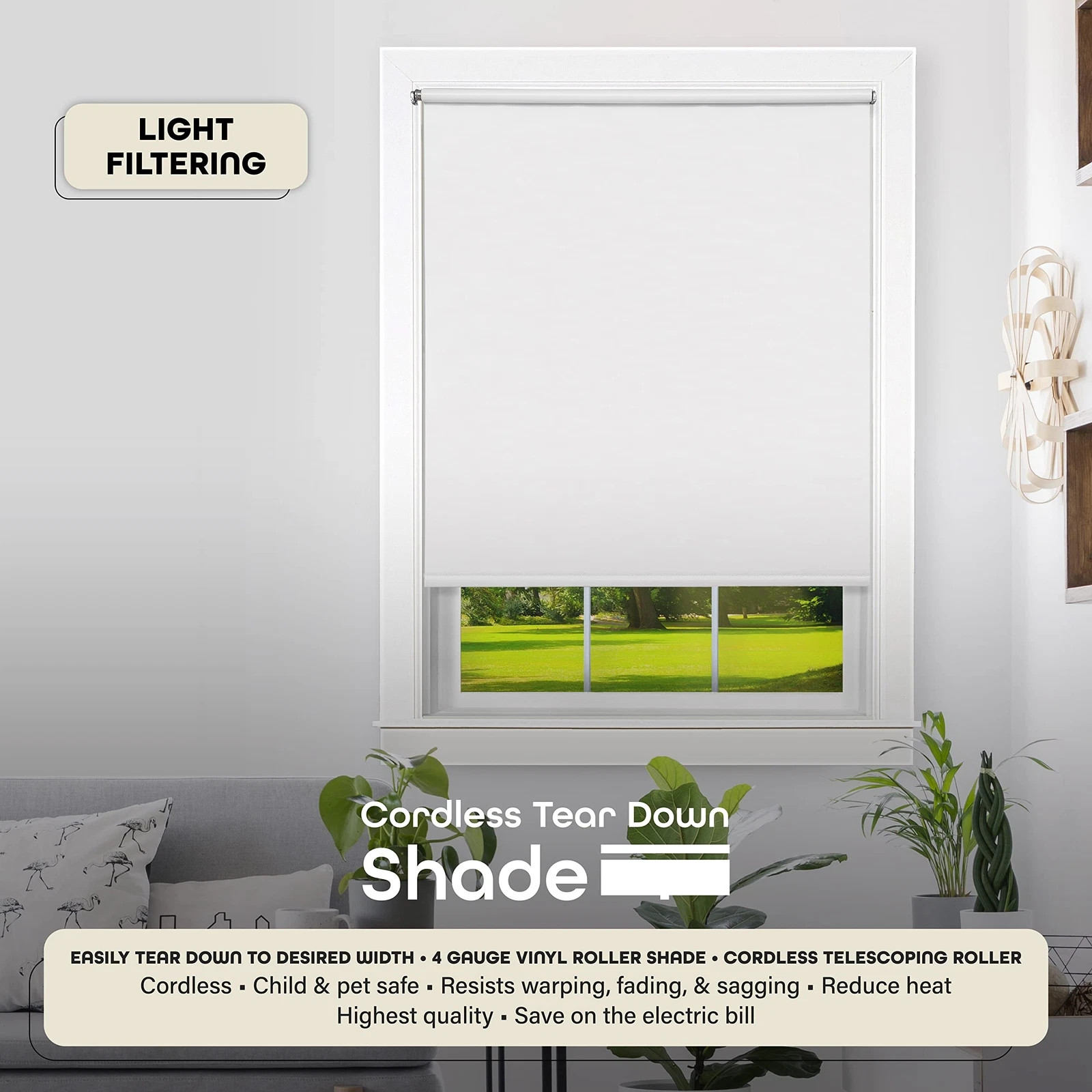 Achim Tear Down Cordless Vinyl Roller Shade 72″L x 37″W – White Room Darkening
