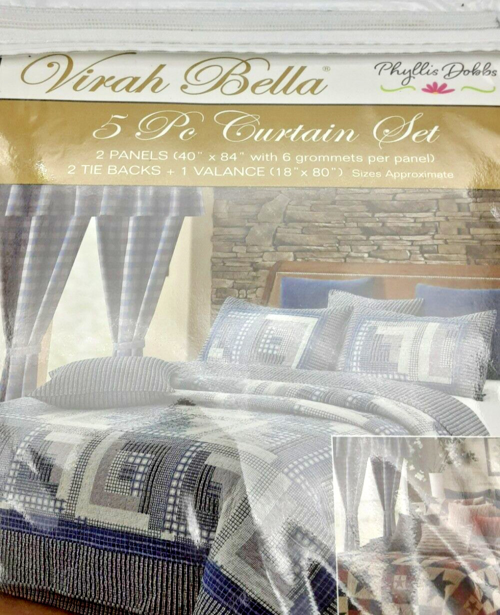 Virah Bella 5pc Mountain Check Blue/Gray Curtain Set 2 Panels 6 Grommets Valance