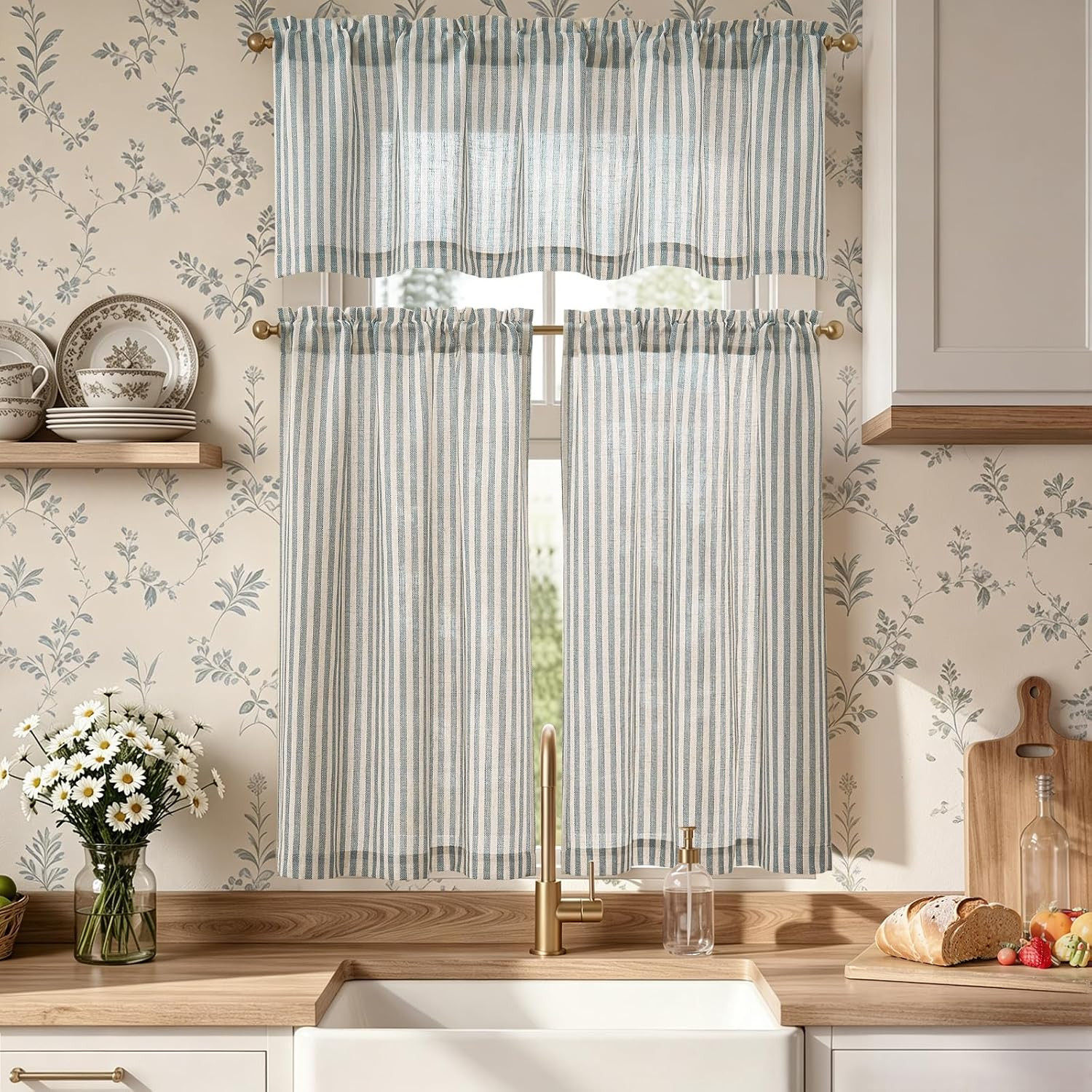 Kitchen Curtains and Valances Set Striped Tier Curtains Ticking Stripe Linen Cu
