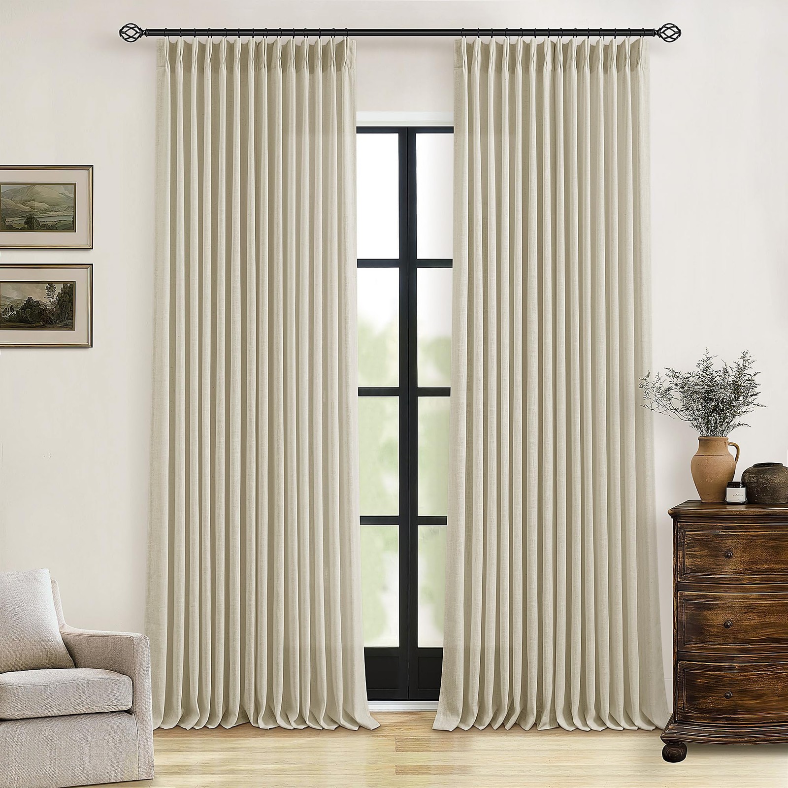 TWODRAPES Linen Flax Curtains Pinch Pleated 2 Panels Living Room Bedroom Memory