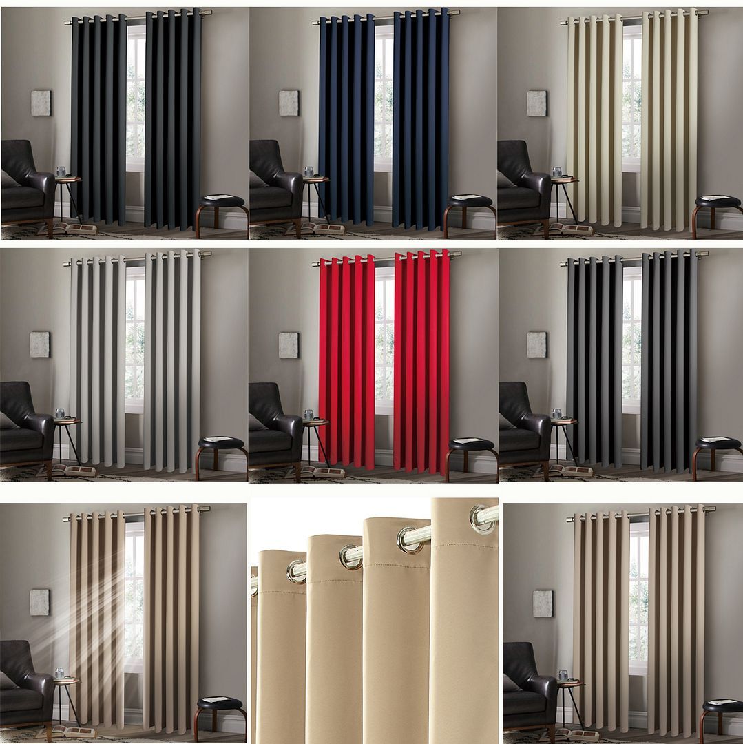 Plain Thermal BLACKOUT LINED EYELET Ring Top Curtains with Tie Backs