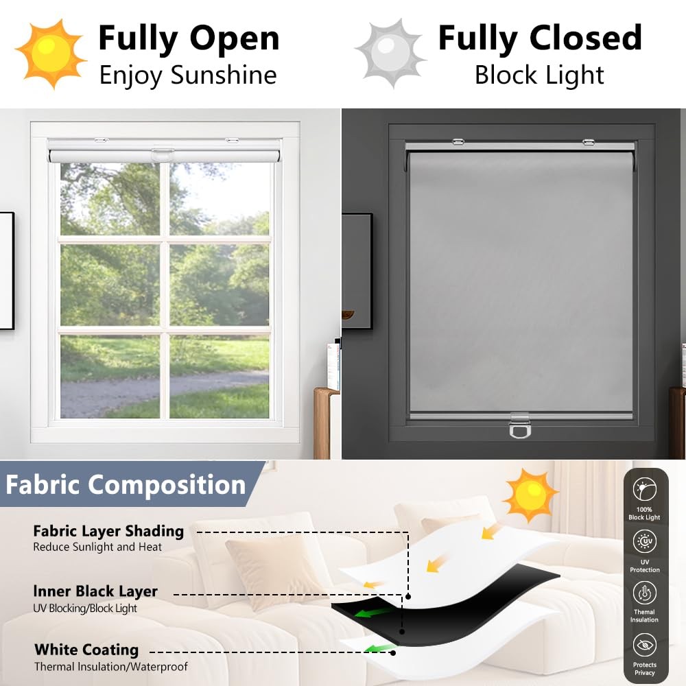 Cordless Blackout Window Roller Shades, Pull Down Spring System Indoor Blinds…