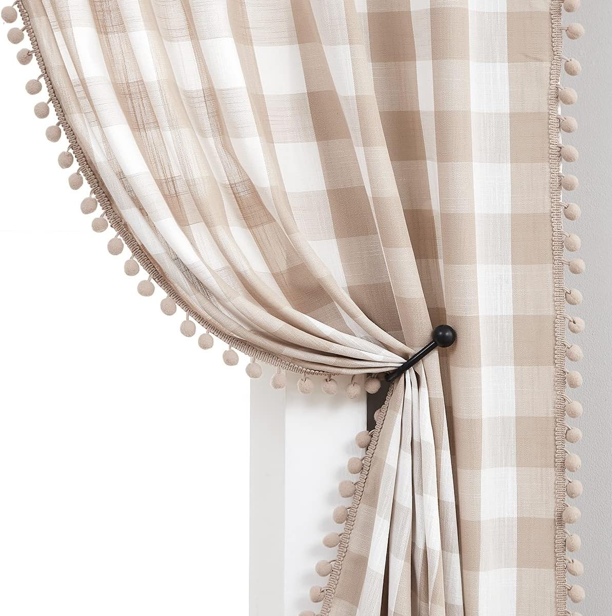 Buffalo Check Curtains 84inch 40″W x 84″L (Pack of 2) Taupe and White
