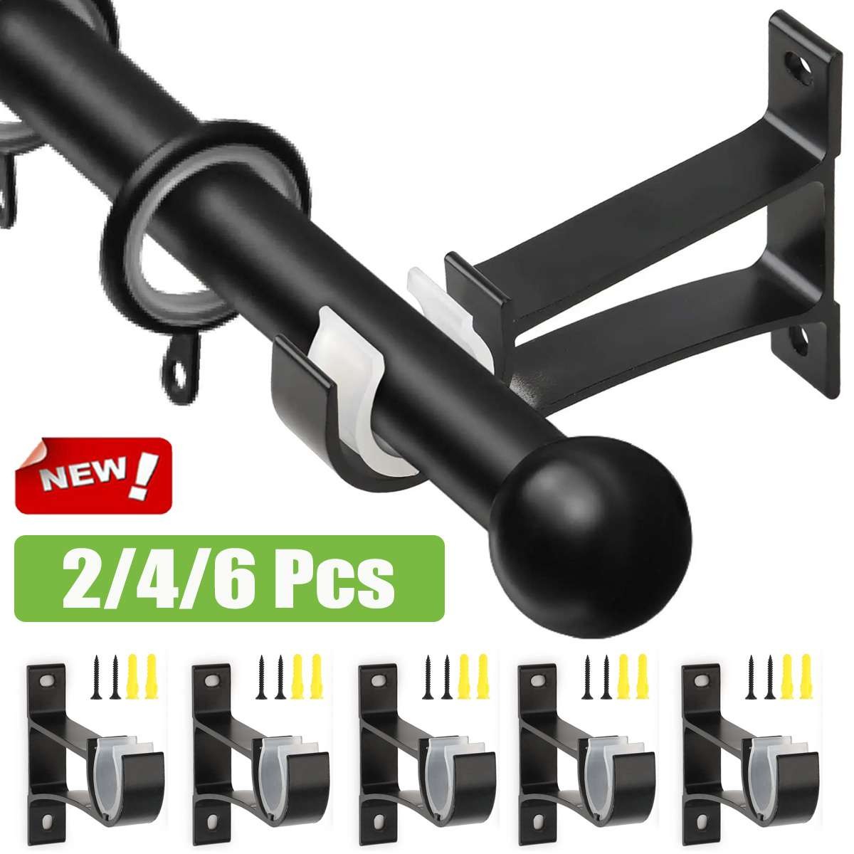 2-6pc Aluminum Alloy Single Curtain Rod Brackets Window Wall Holders for Drapery