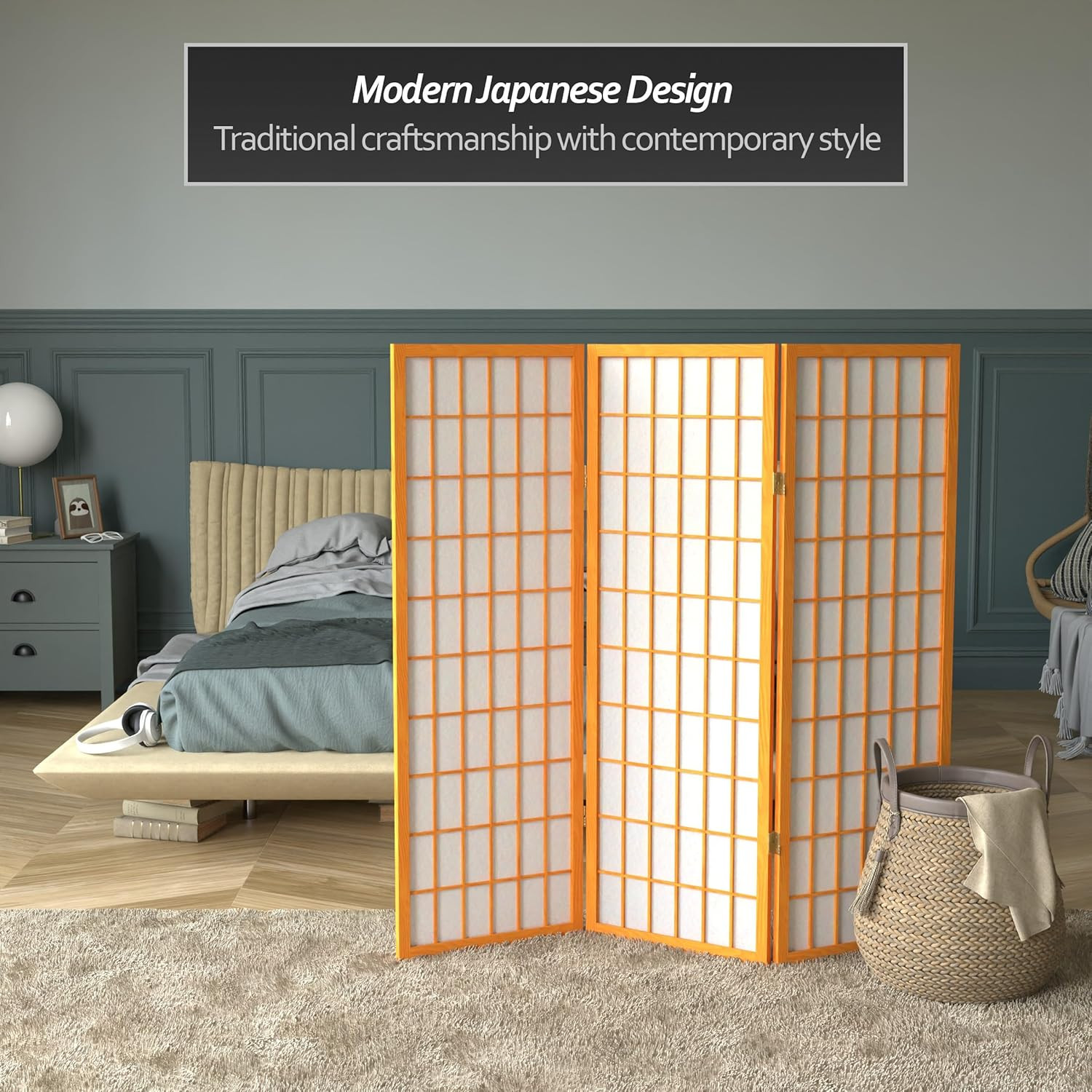 4 Ft Honey Shoji Screen – 3 Panel Short Window Pane Divider