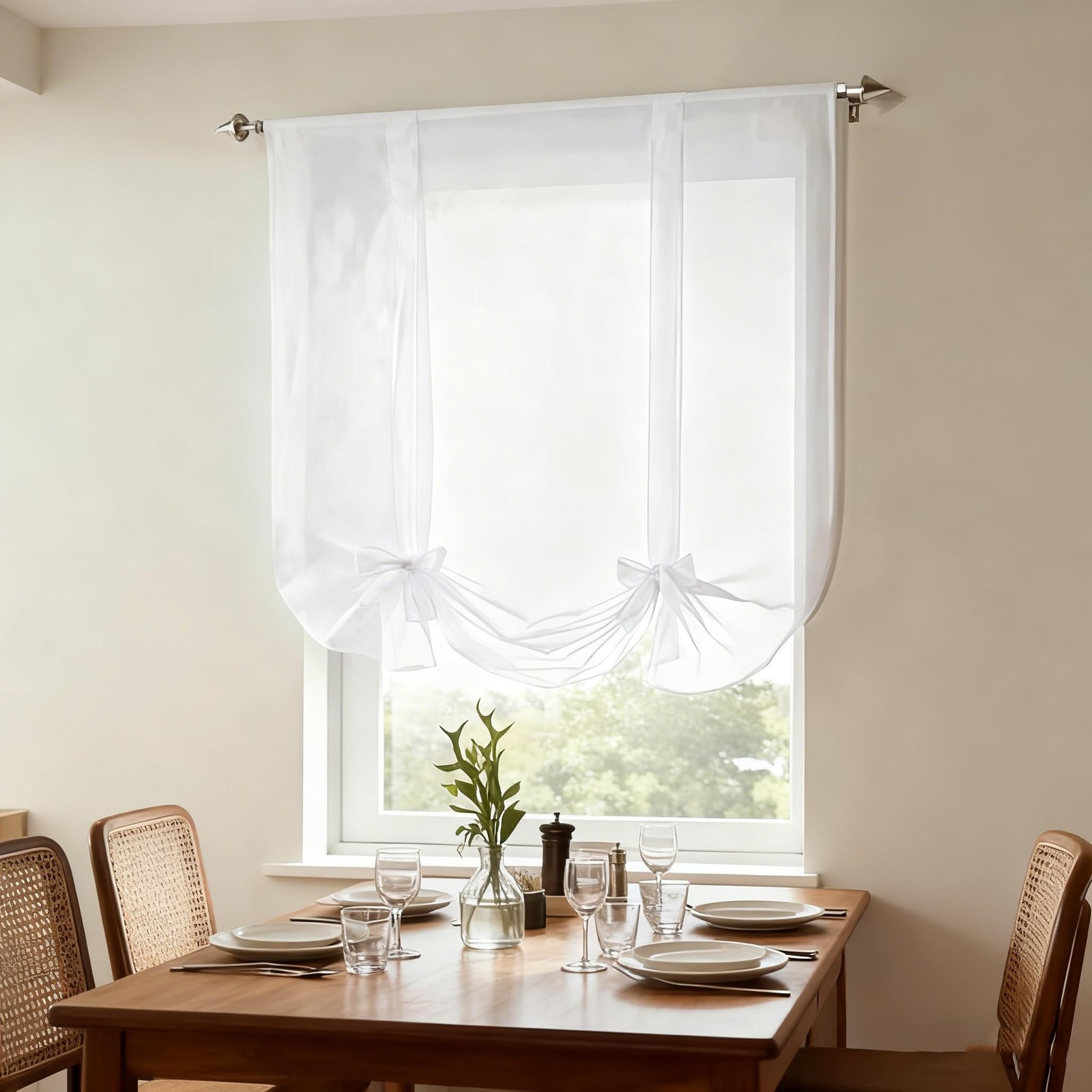 WPKIRA 1 Panel Ribbon Tie Up Solid White Roman Curtain Transparent Sheer Voil…