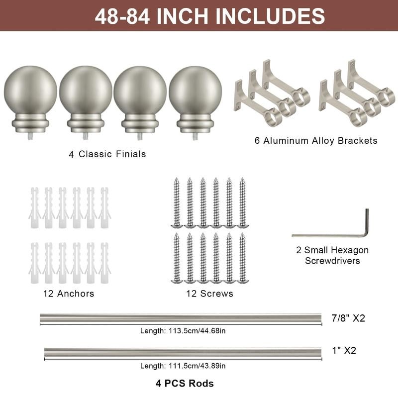 Yun Nephele 2 Pack Brushed Nickel Curtain Rods 48-84 Decorative Curtain Rod