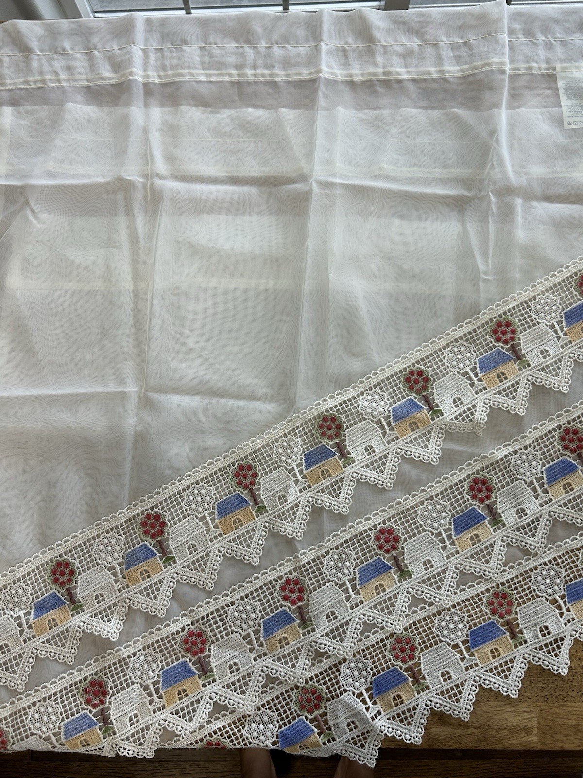 Vintage 90’s Embroidered Curtain Window Valance Panels House Trees Sheer 6 Piece
