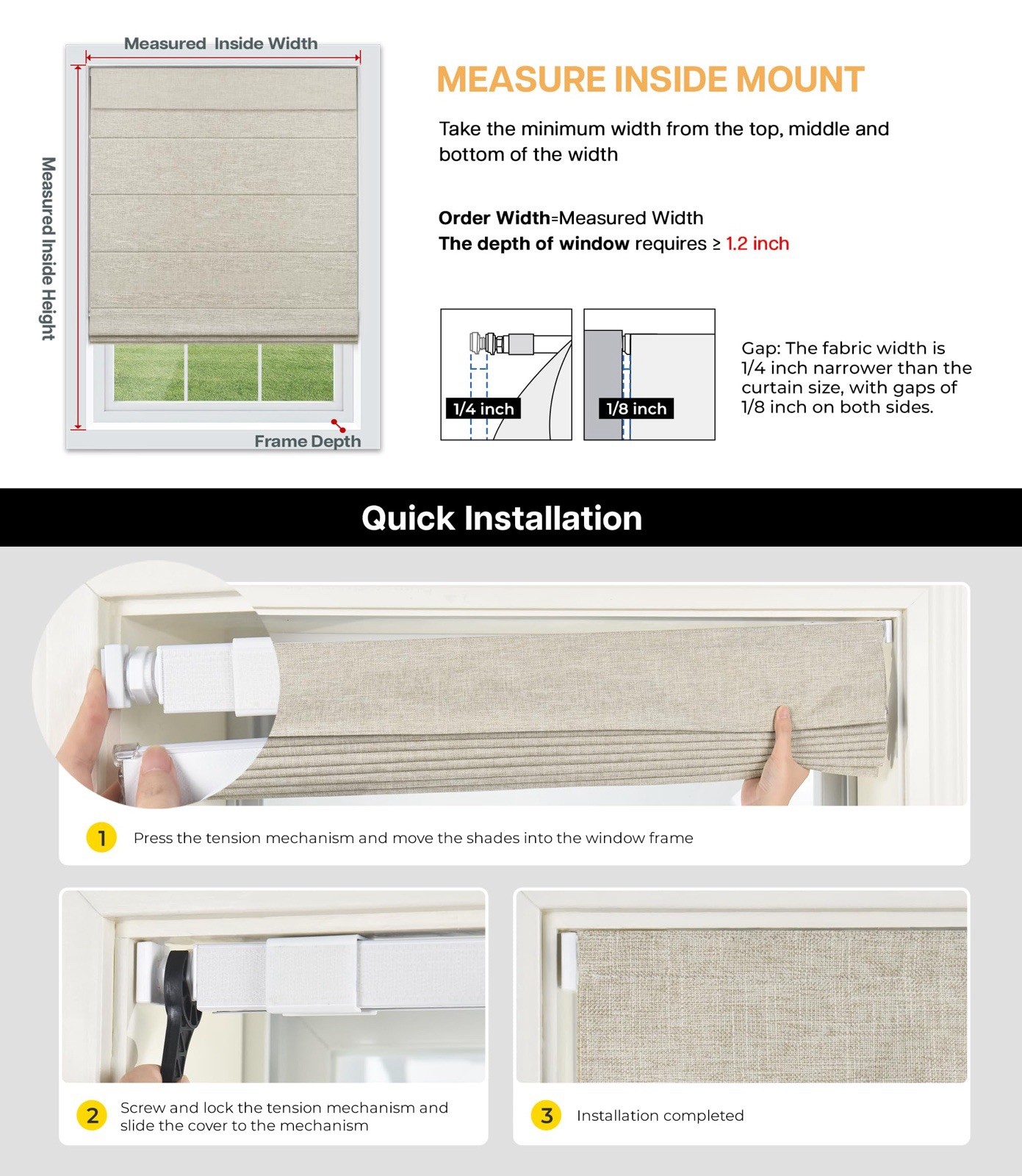 LazBlinds Cordless Roman Shades – No Drill Easy Install Window Blinds 21”x60”