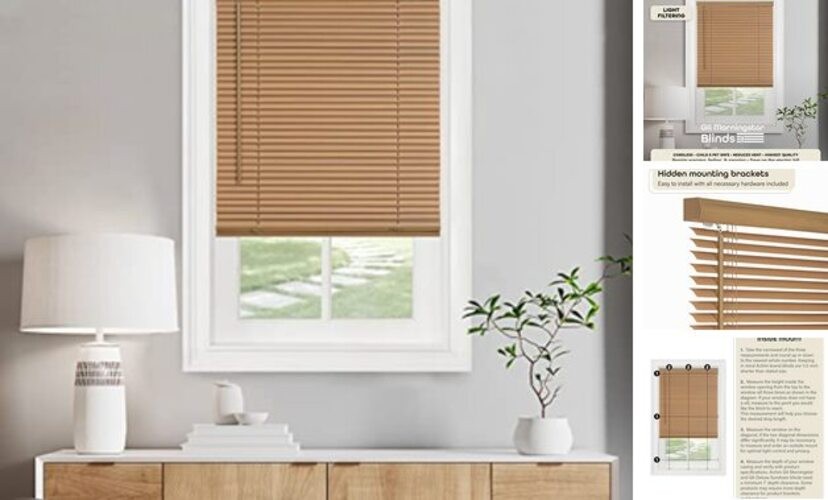 Cordless Light Filtering Mini Blind – 34 Inch Width, 64 34″W x 64″H Woodtone