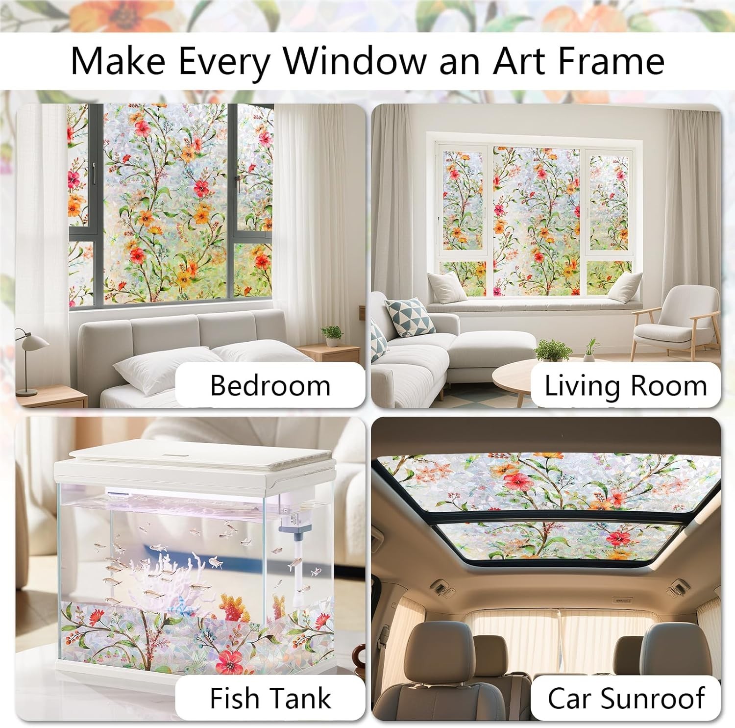 Elegant Floral Stained Glass Window Film – UV Blocking & Static Cling, 17.5×78.7