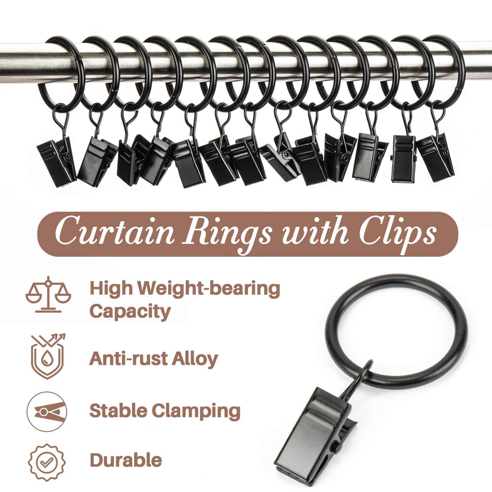 50Pcs Curtain Rings with Clips – Black Metal Drapery