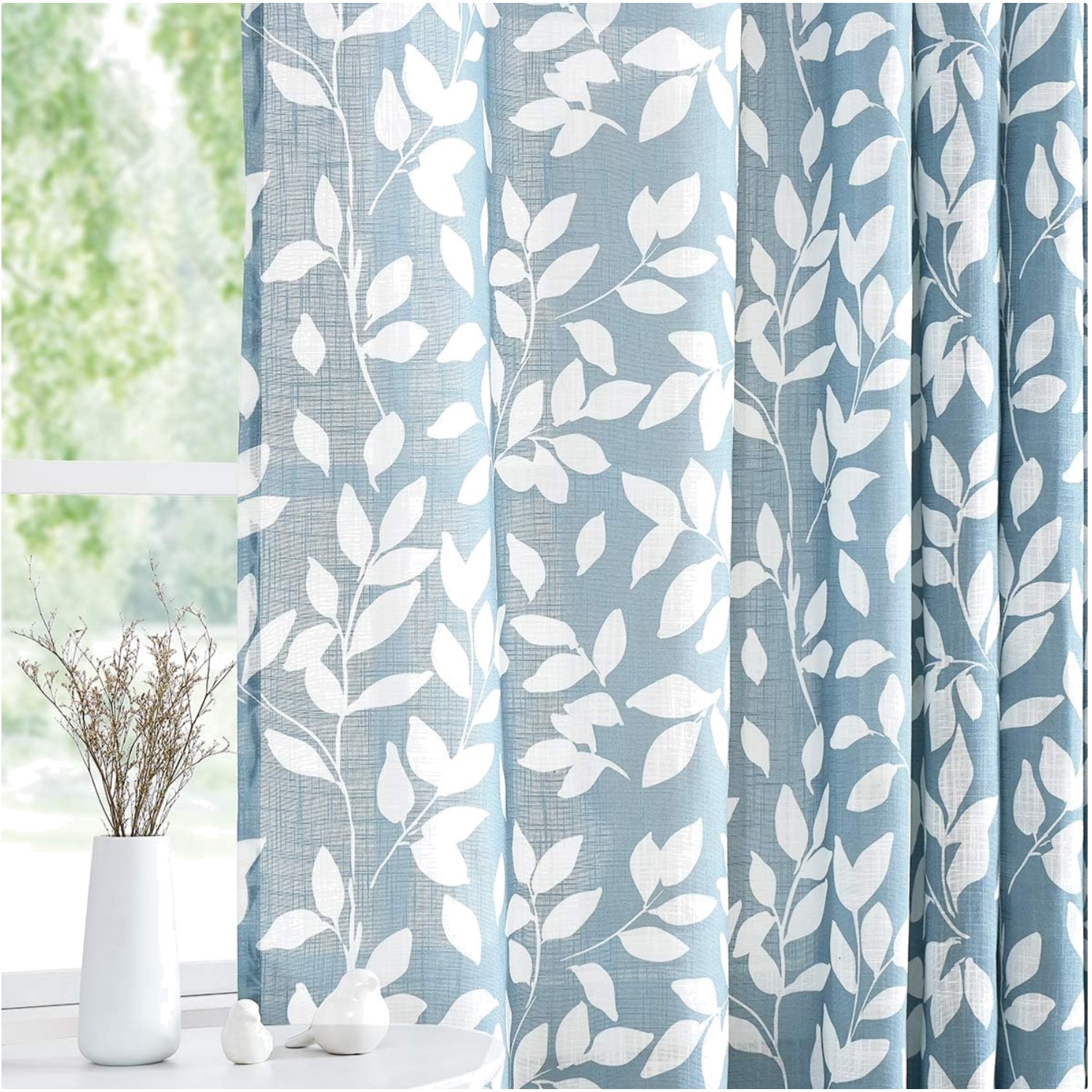 Light Filtering Semi-Sheer Curtains with Blue Leaf Design – 63″ Length, Pair