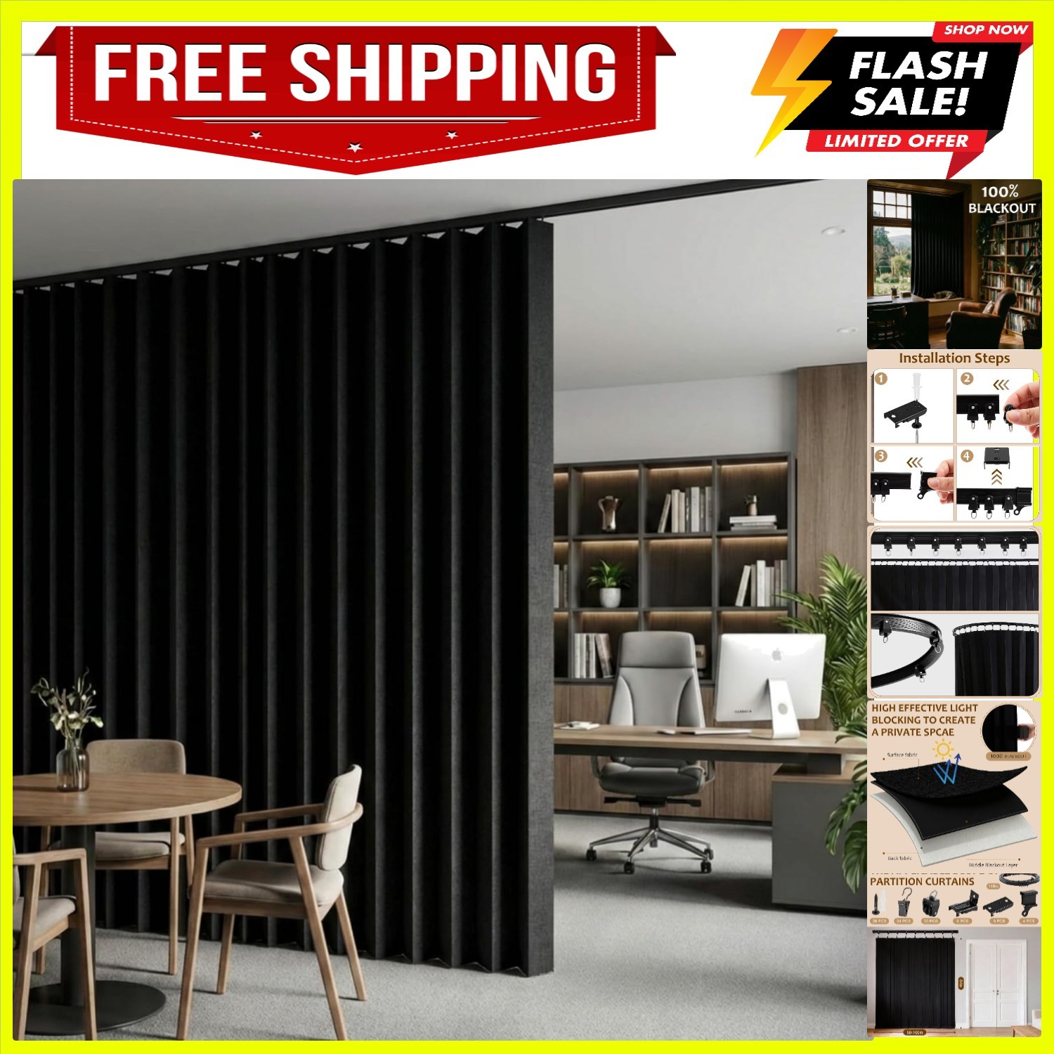 100% Blackout Room Divider Curtains with Flexible Ceiling Tracks Set, 100″ W …