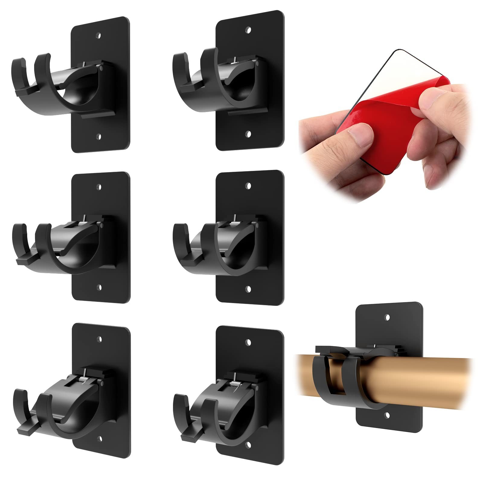 6-Pack Universal Curtain Bracket Holders, Self-Adhesive Wall Mounts, Fits 0.6”-