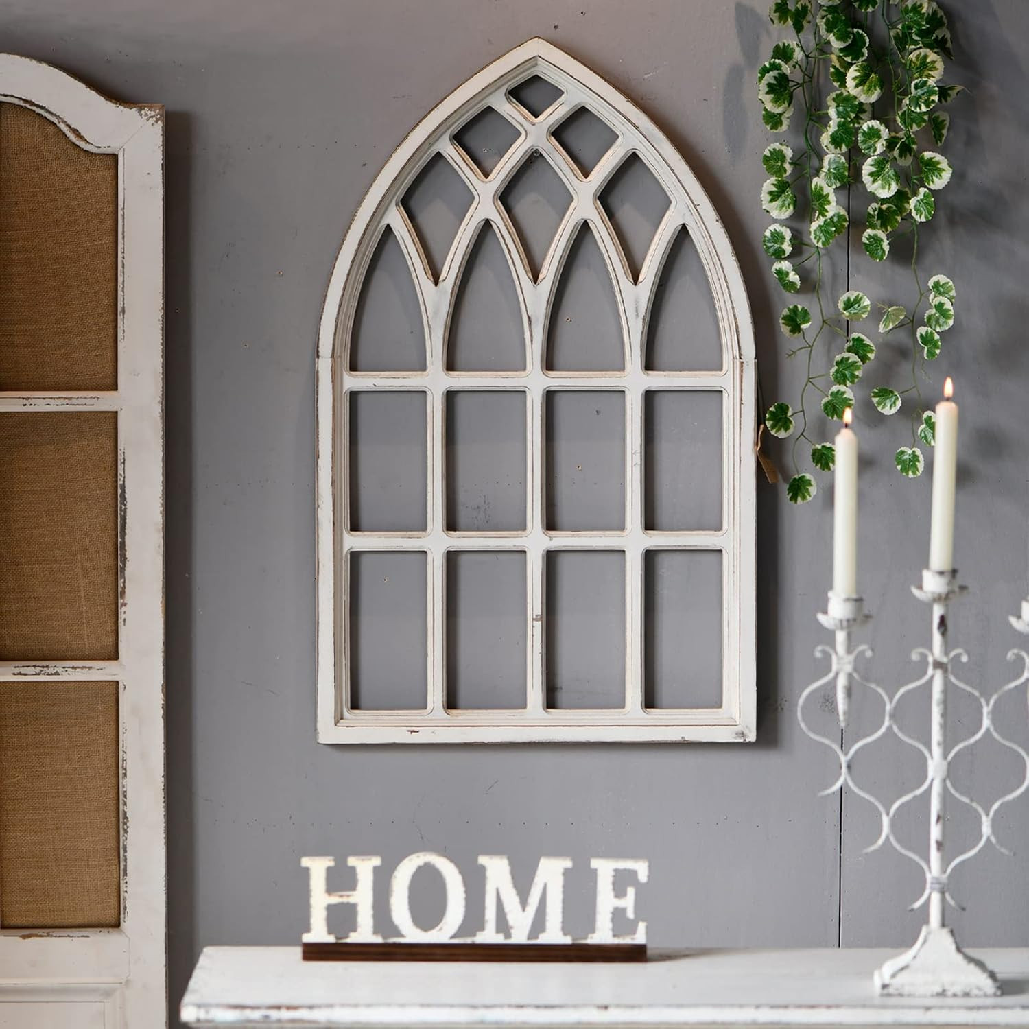 Distressed White Rustic Arched Window Frame 20×32 Inch Farmhouse Decor