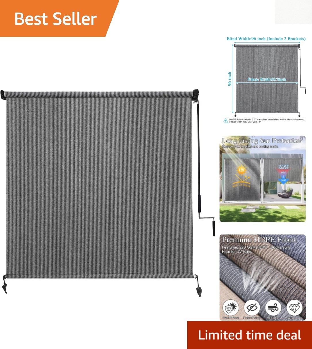8’W x 8’H Outdoor Roller Shade – Cordless Patio Blinds with 90% UV Protection