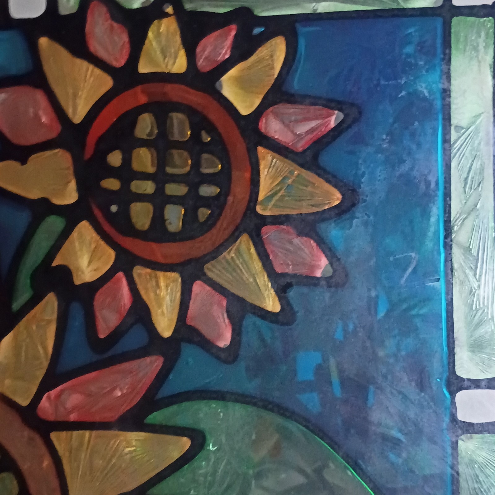 1970s Handmade Stained Glass Sunflower Floral Hanging Panel Multicolor