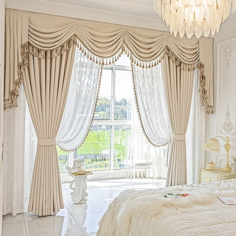 Custom Luxury Cream beige Chenille cloth blackout curtain valance drape C2164