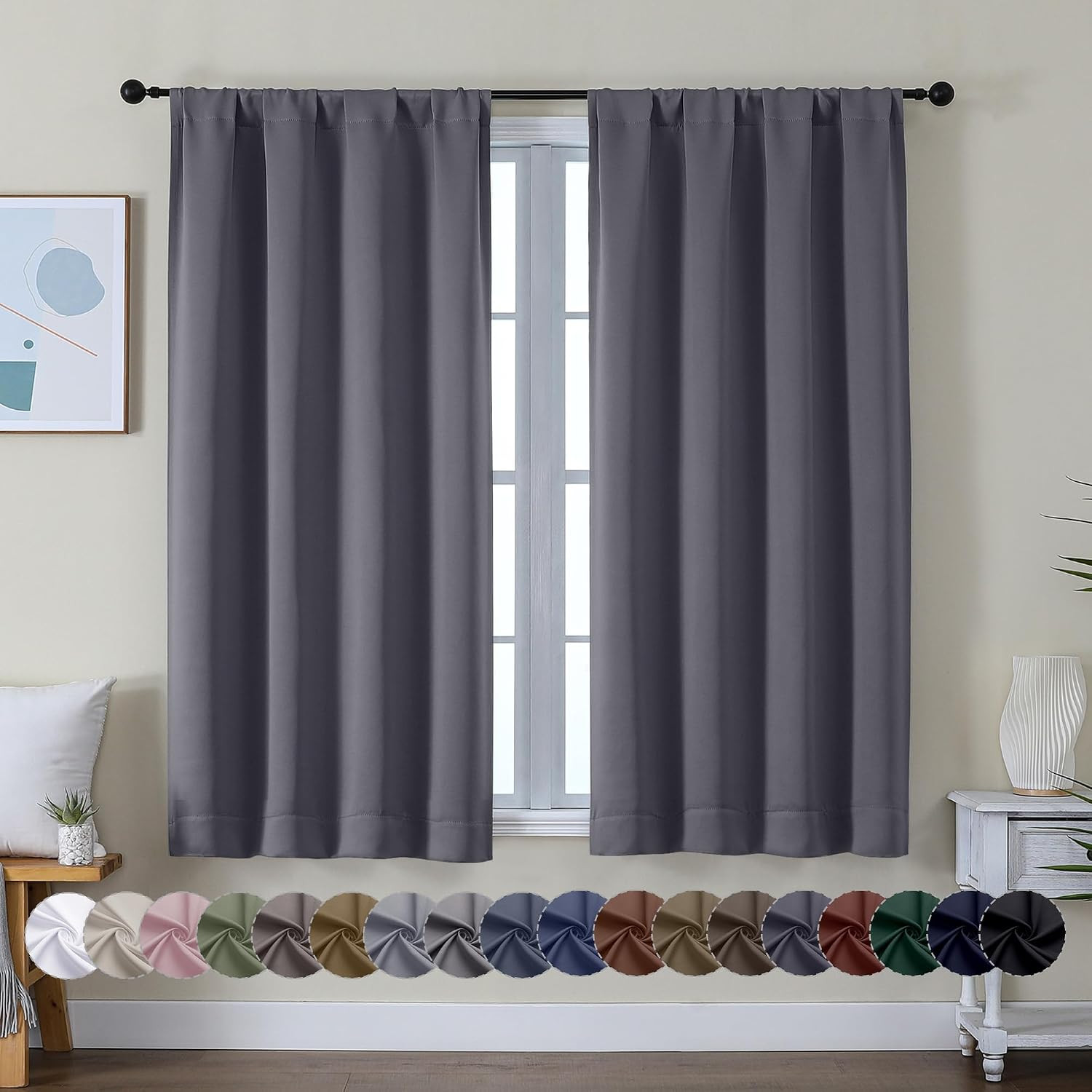 Ava Grey Short Blackout Curtains for Bedroom 54 Inches Long 2 Panels Set, Solid