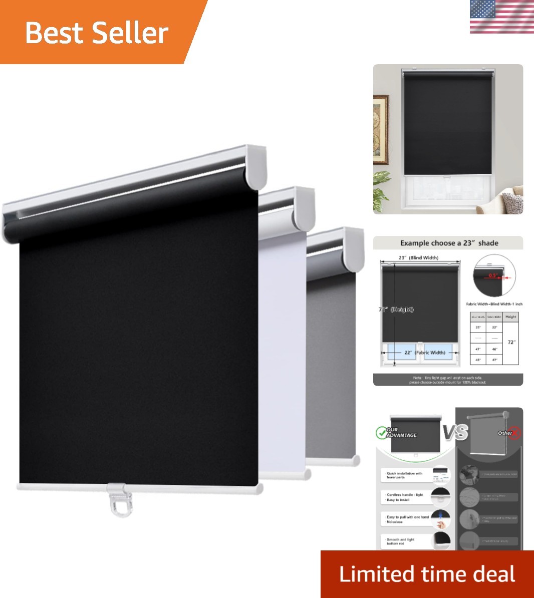 Cordless Blackout Roller Shades 23″ W x 72″ H – UV Protection for Home & Office
