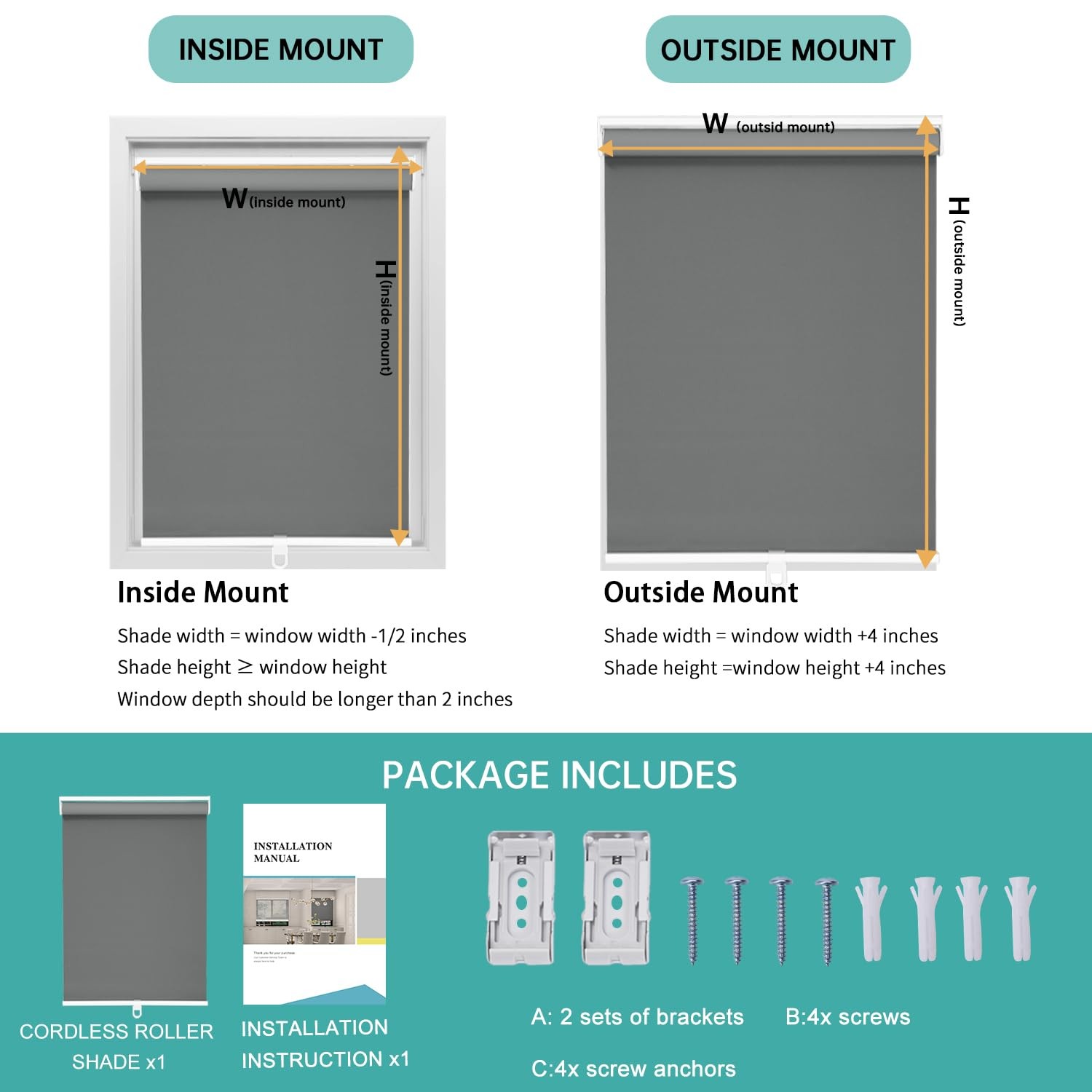 Cordless Roller Shades Blackout Blinds for Indoor Windows,Pull Down Darkening…