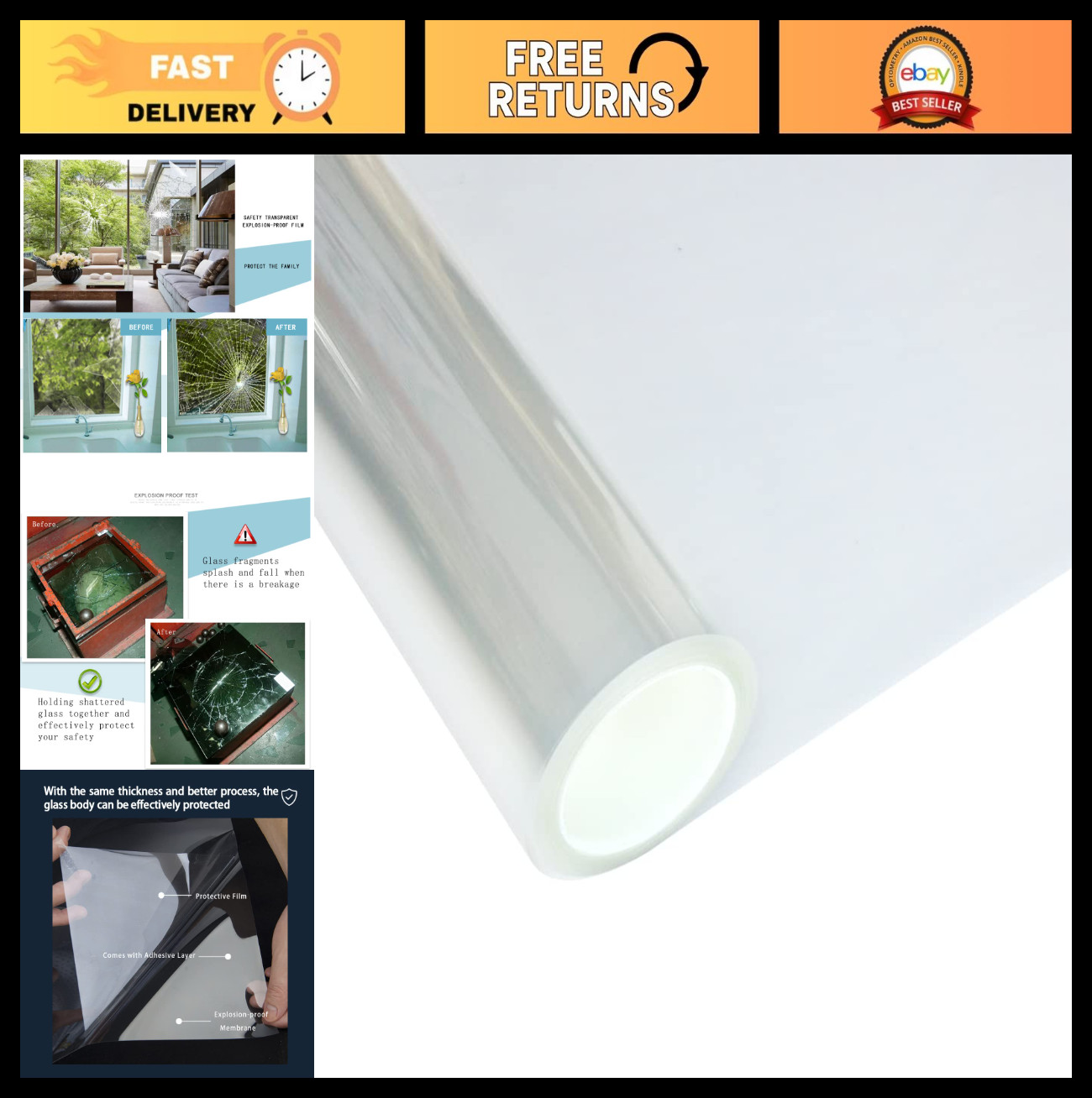 Clear Safety Window Film 2MIL UV Blocking Security Glass Protection Sticker 17.5