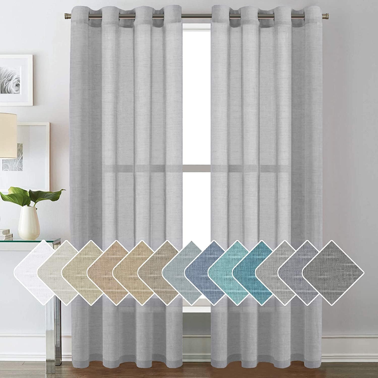 Linen Curtains Nickel Grommet Natural Linen Semi-Sheer Curtains 2 Panels Privacy