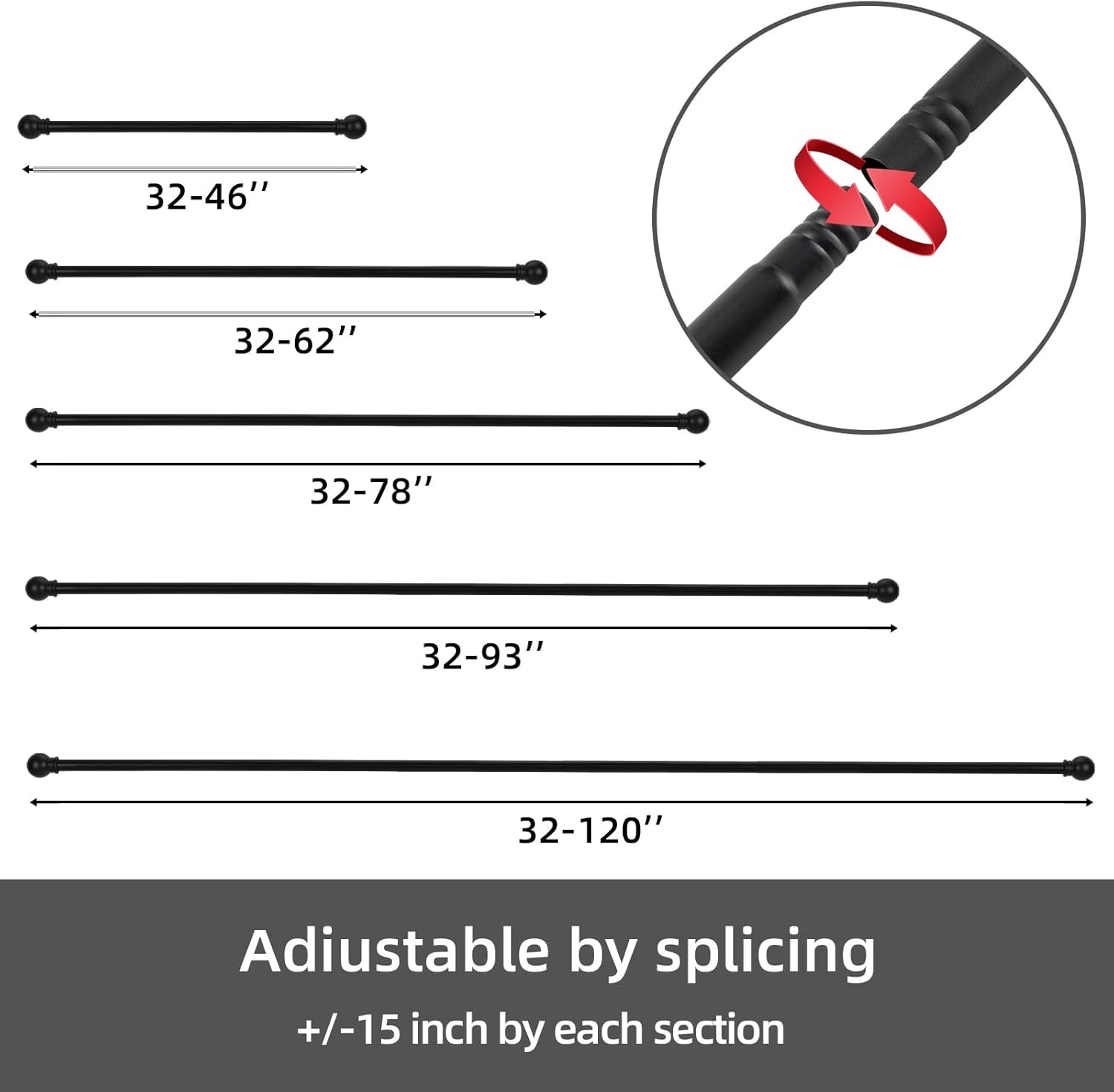 Black 5/8 Curtain Rod Set Modern Rustic Metal Rod for Bedroom Living Room”