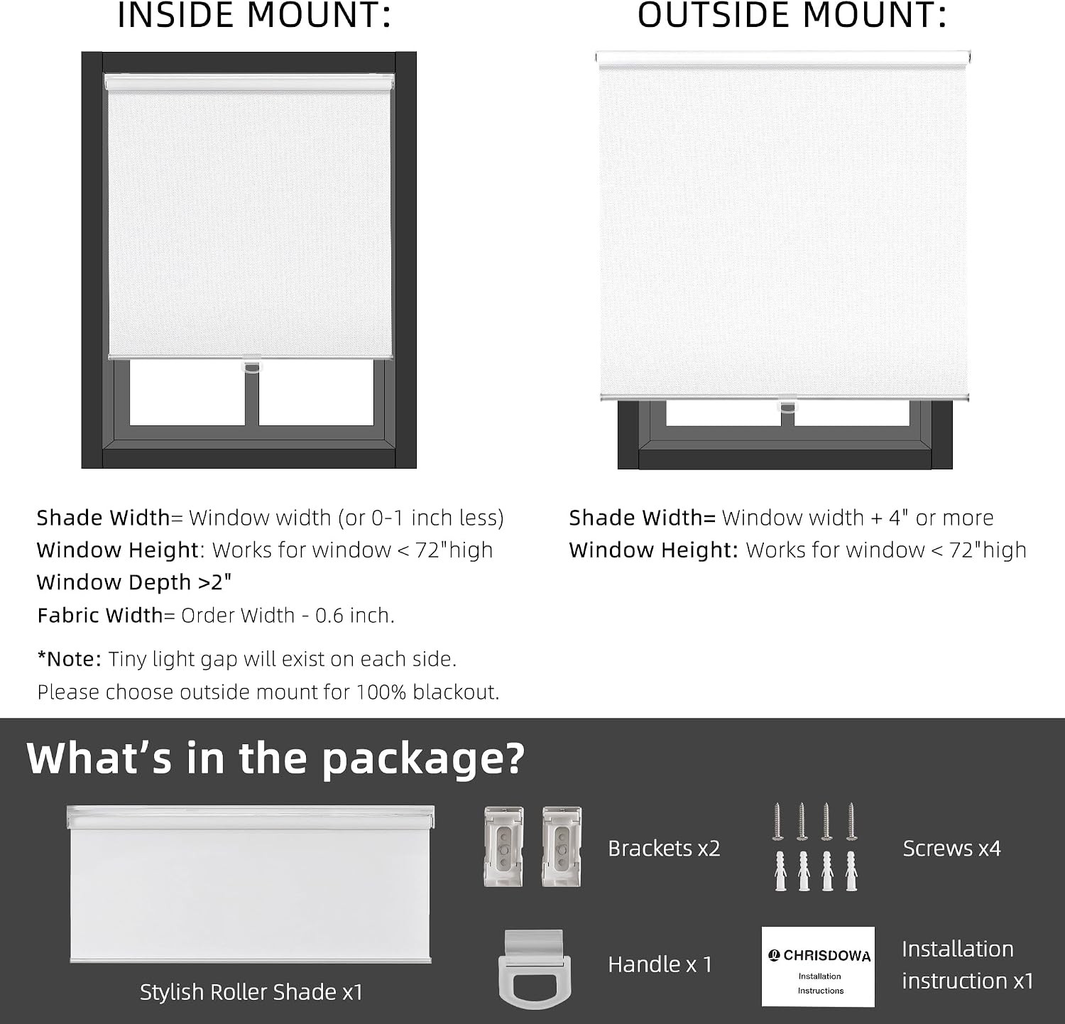 Blackout Roller Shades,Cordless Blinds for Indoor Windows | 20″W X 72″H,White,Th