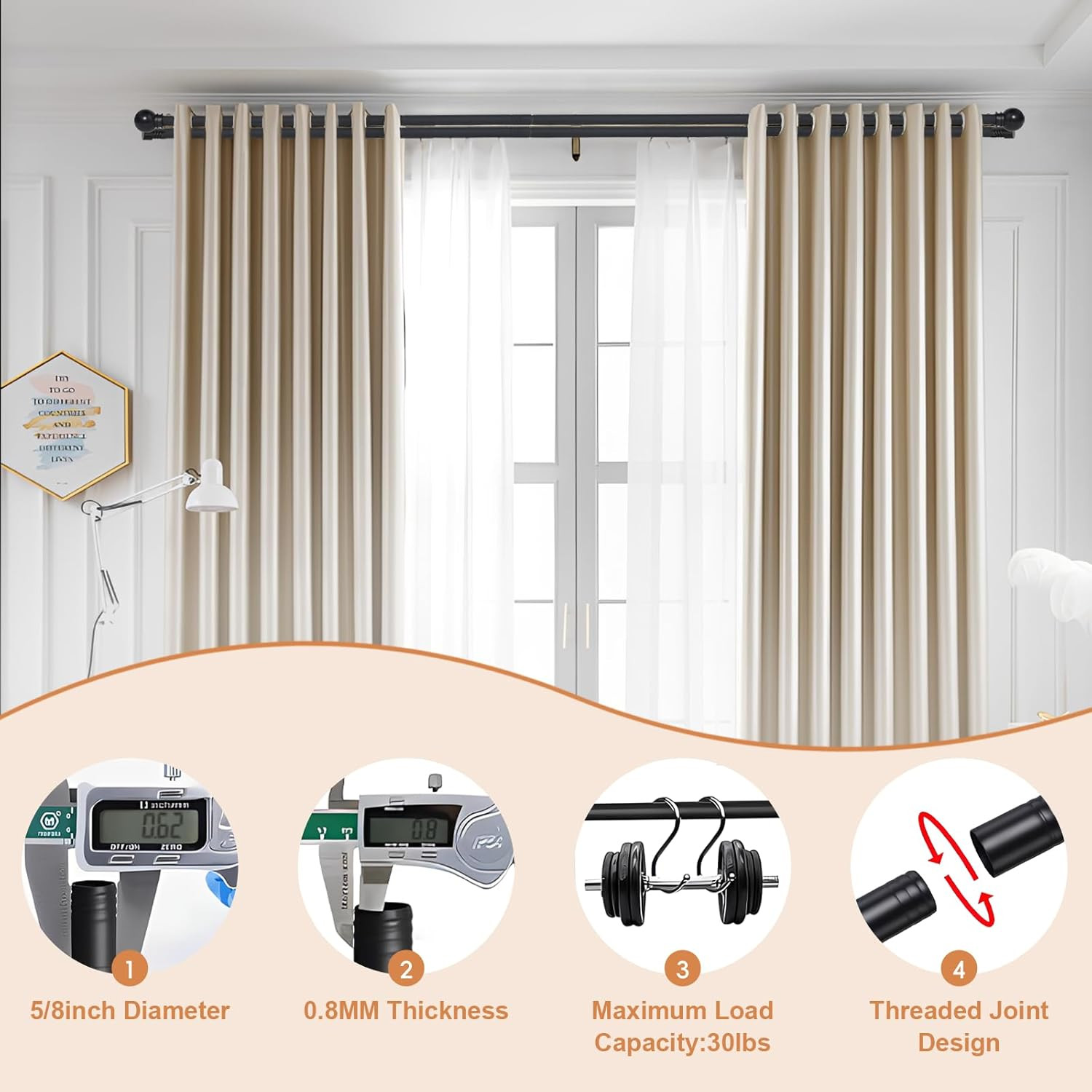 Black Double Window Curtain Rods 31 to 52 Inches, 5/8 Inch Diameter Dual Drapery