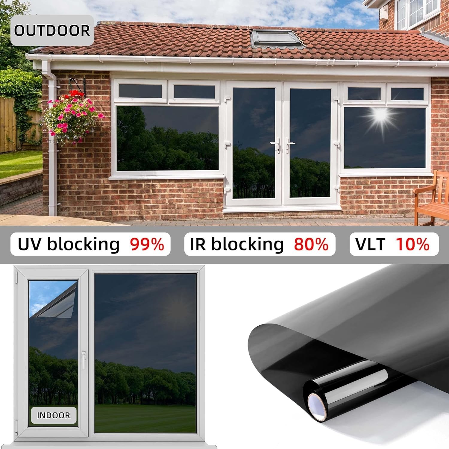 PET One-Way Window Film – Heat Control & 99% UV Blocking – 17.5″x78.7″