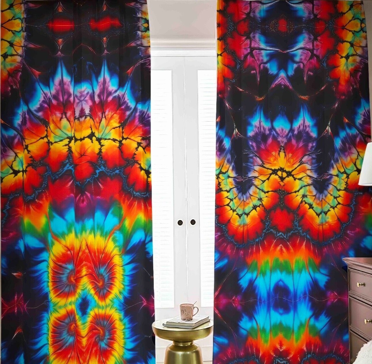 Rainbow Tie Dye Blackout Curtains Drapes Shades Psychedelic Fractal Tied Dyed