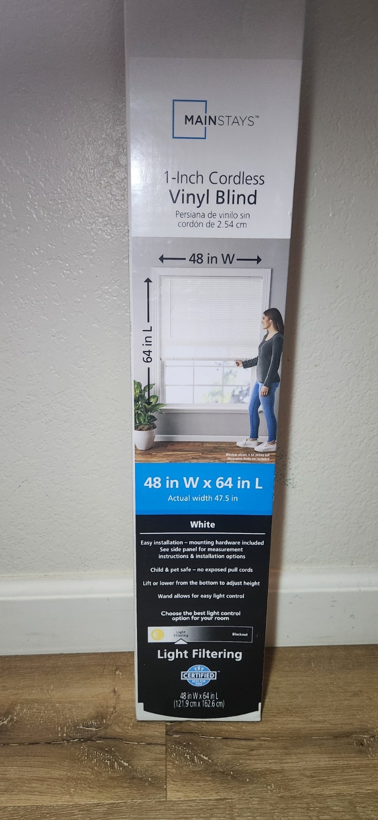 Mainstay 1 inch cordless vinyl Miniblind 48” x 64” New In Box, Wand Control