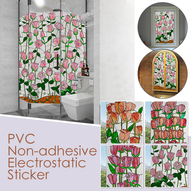 Retro Pink Flower Blossom Window Film Print Sticker Cling Stained Glass Decor