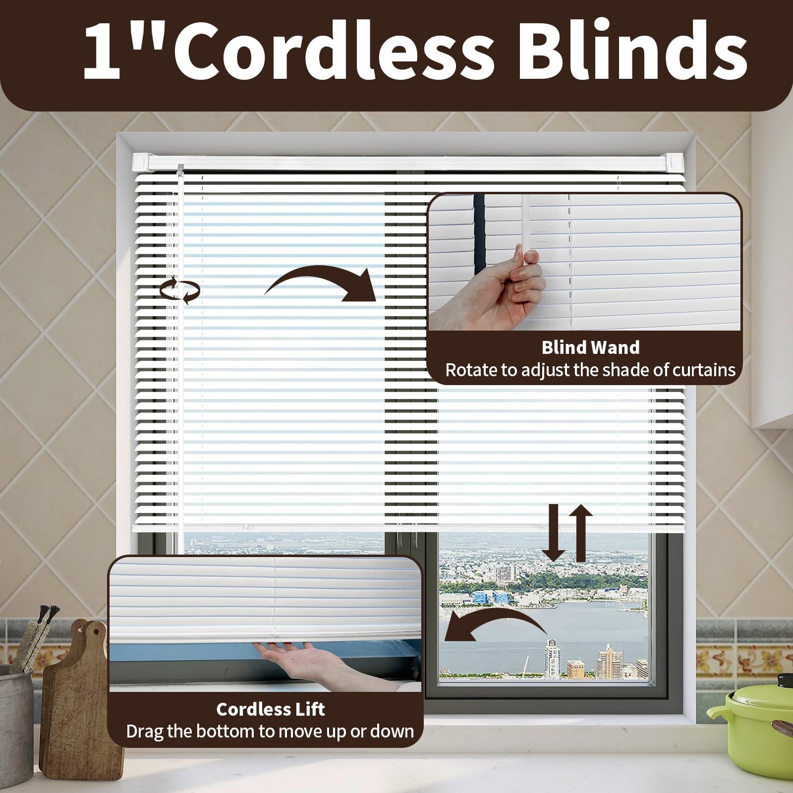 1 Inch Cordless Mini Blinds 20 Inch W x 36 Inch H White Vinyl Horizontal Window