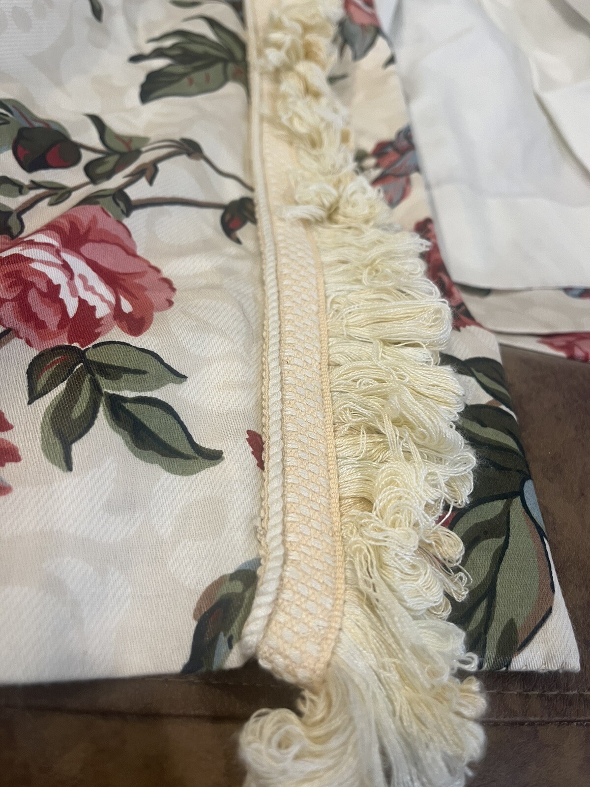 CUSTOM FLORAL WINDOW TREATMENT DESIGNER CHINTZ PANELS LINED TRIM CREAM 2