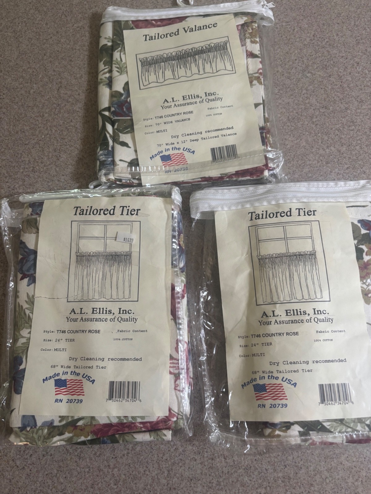 3 pice set Vintage A.L. Ellis Inc Tailored 2-24” Tiers and 1-70” valance