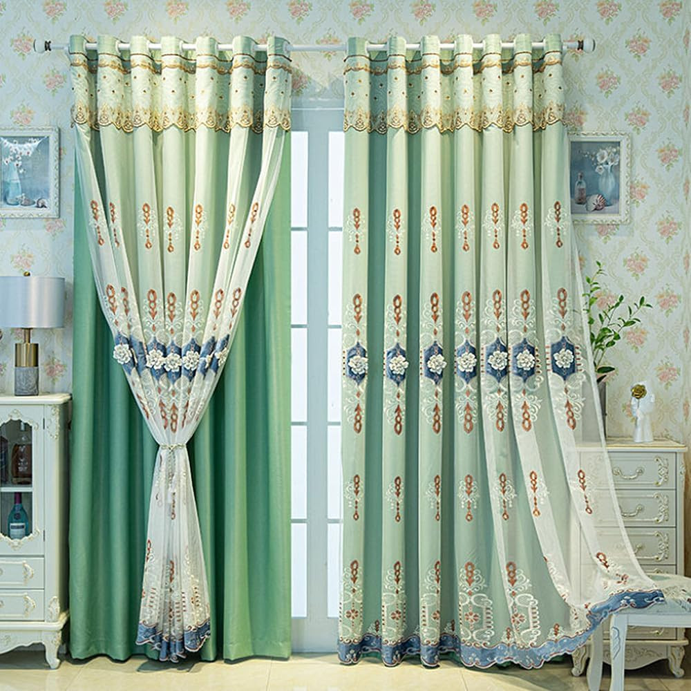 Luxury 3D Flower Embroidered Double Layer Curtains with Valance – Green 63×84