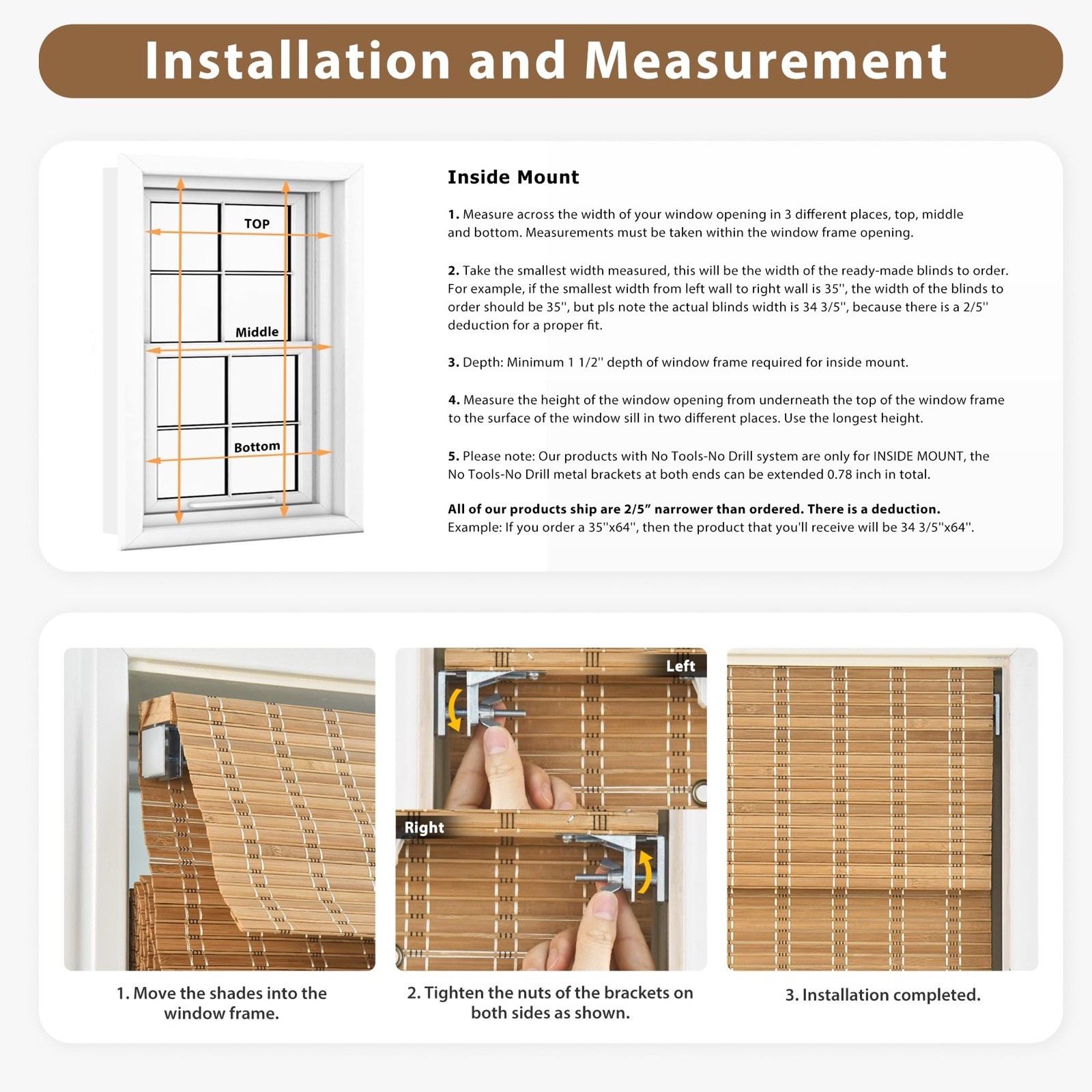 LazBlinds Cordless Bamboo Blinds, Roll Up No Tools 29” X 64”H Highfield Teak