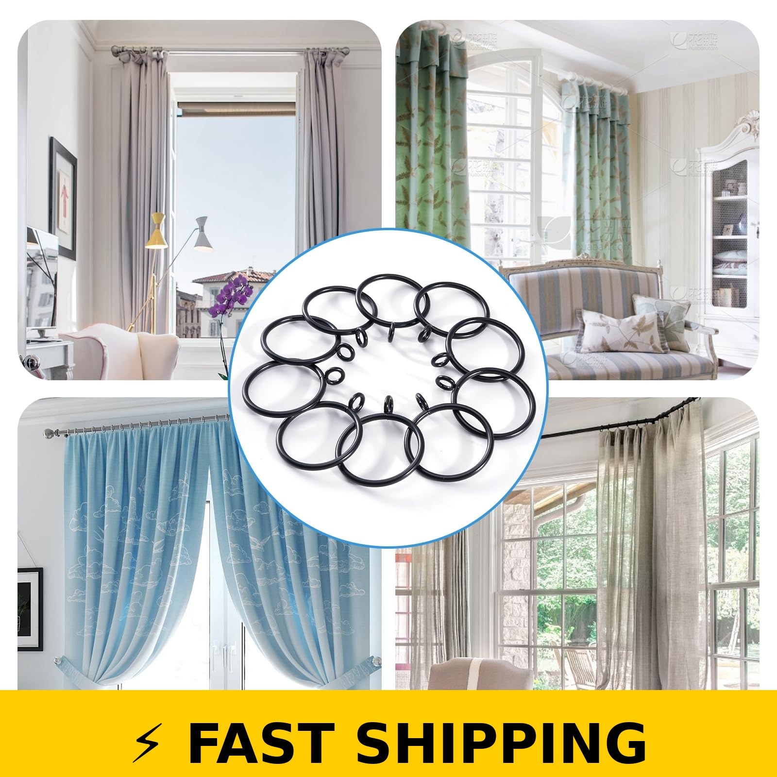 AMZSEVEN 44 Pack Curtain Rings Metal Drapery Ring 1.5 Inch Black